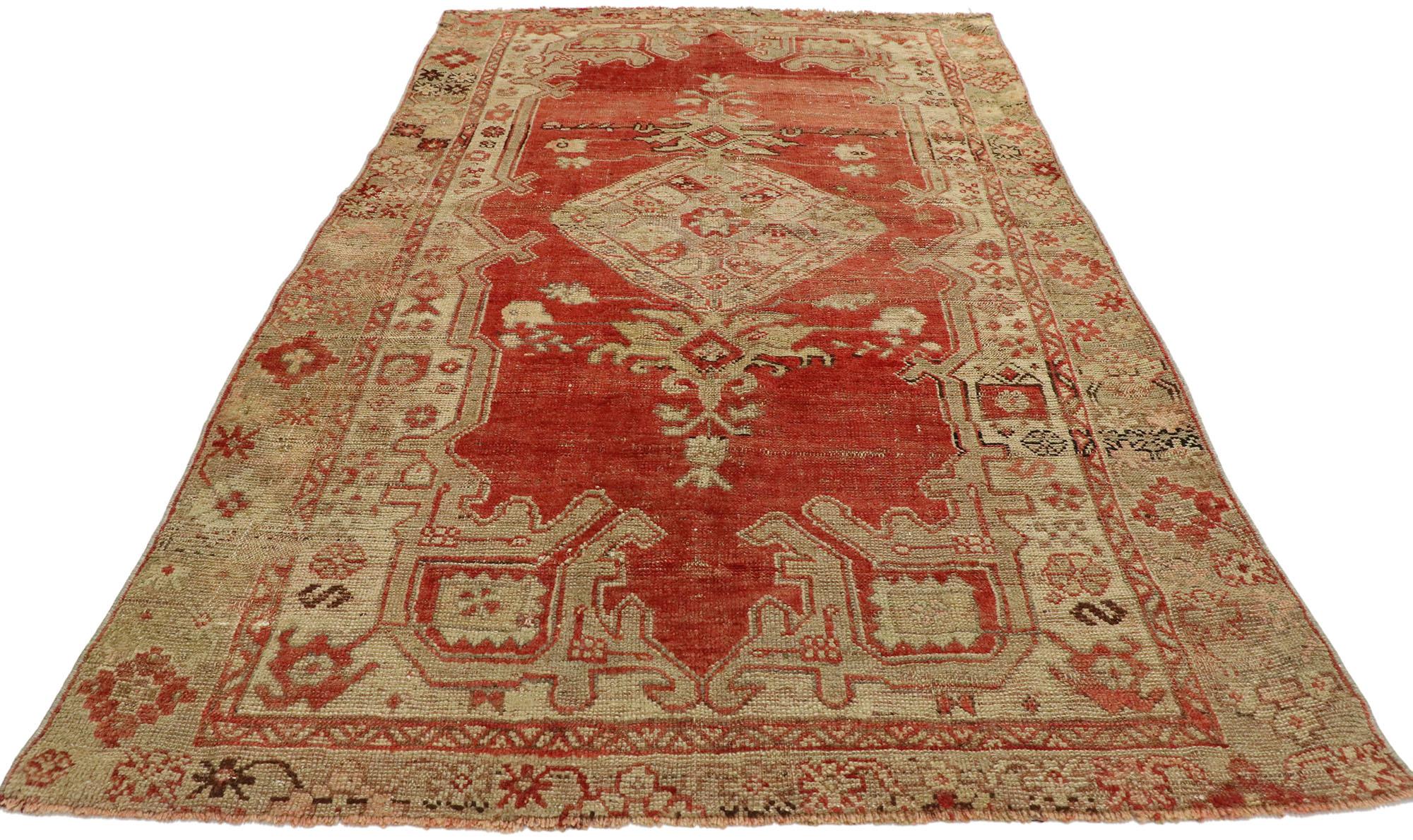 Hand-Knotted Distressed Vintage Turkish Oushak Rug with Warm Rustic Italian Style For Sale