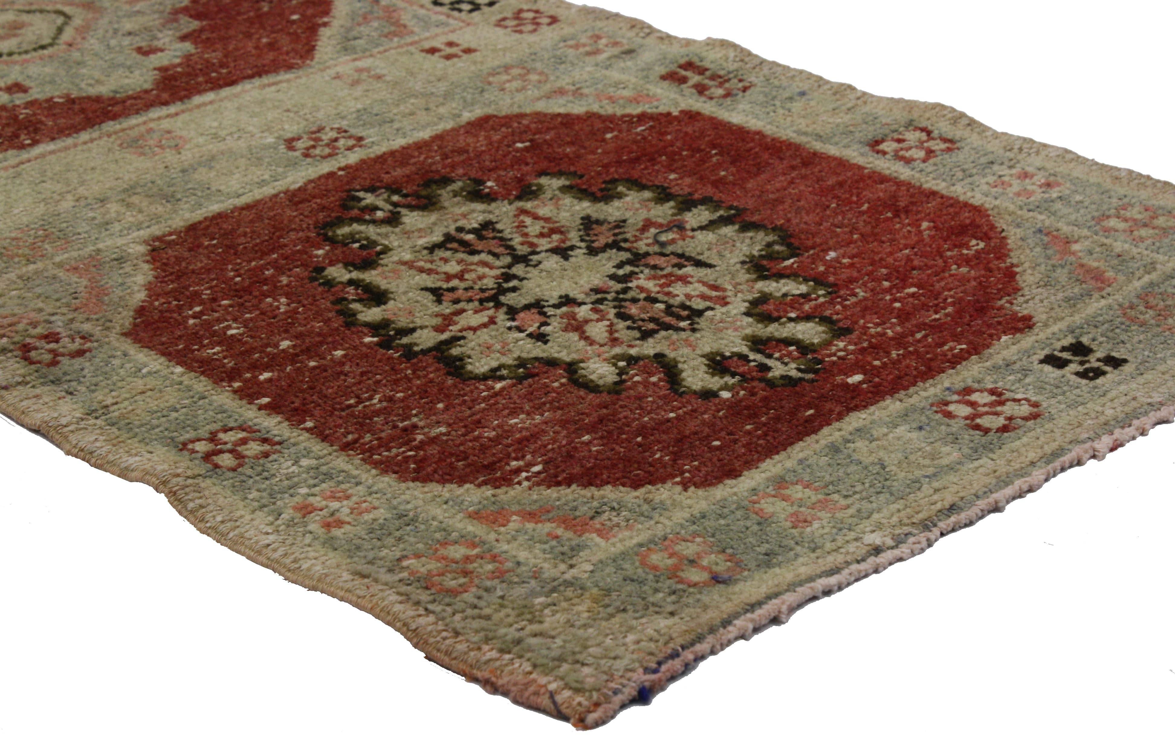 Hand-Knotted Distressed Vintage Turkish Oushak Runner, Entry or Foyer Rug with Rustic Style For Sale