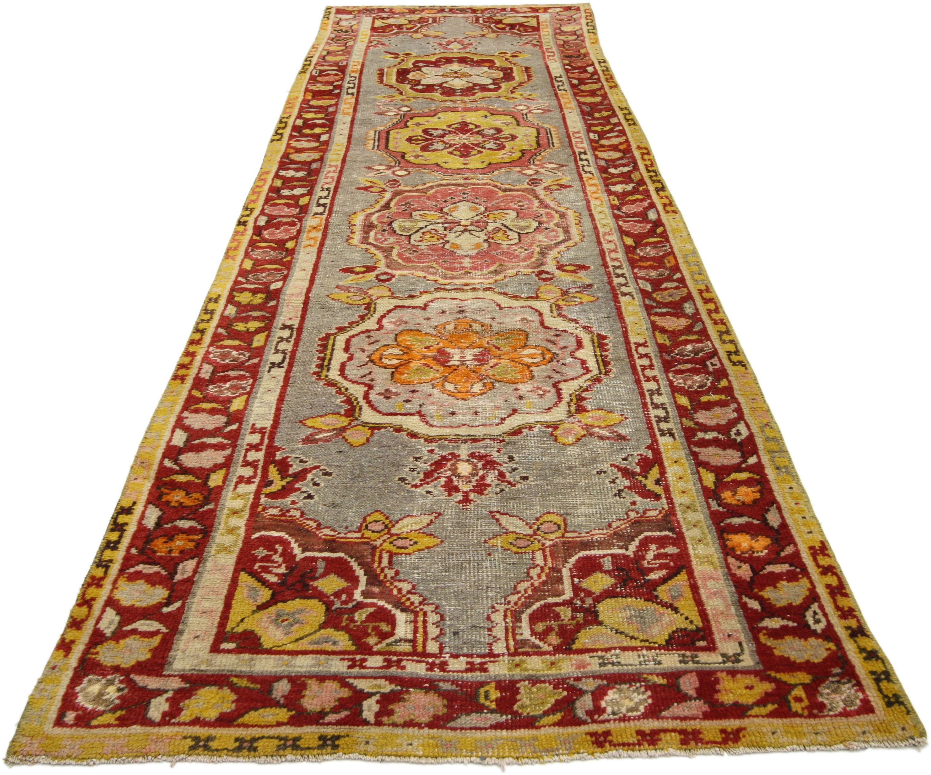 Hand-Knotted Distressed Vintage Turkish Oushak Runner with Rustic Jacobean Style