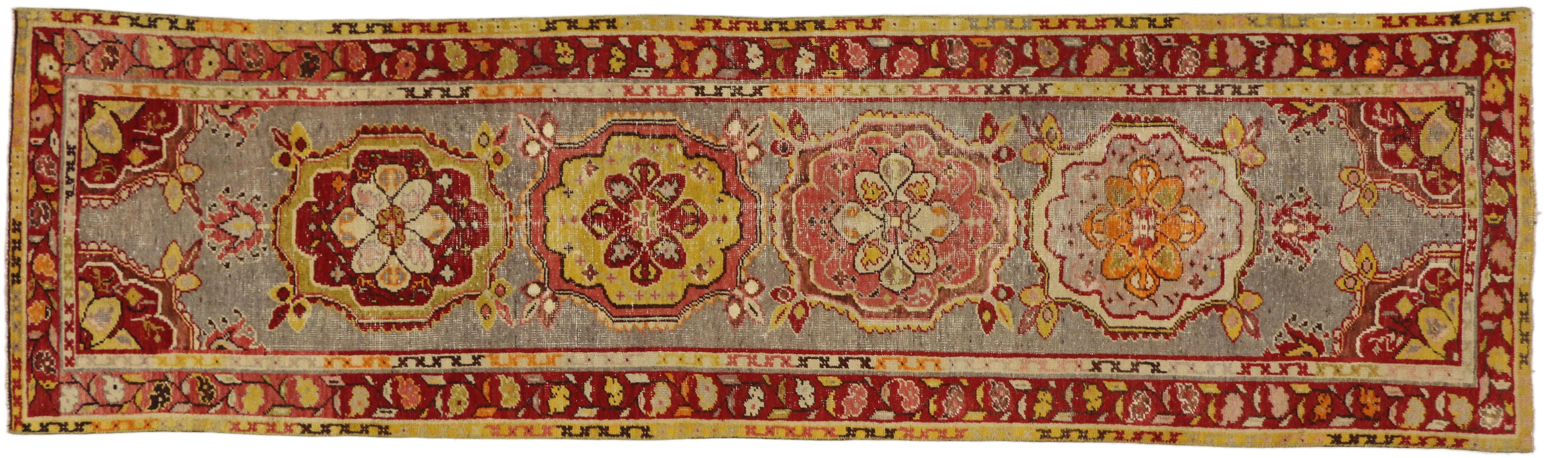 20th Century Distressed Vintage Turkish Oushak Runner with Rustic Jacobean Style