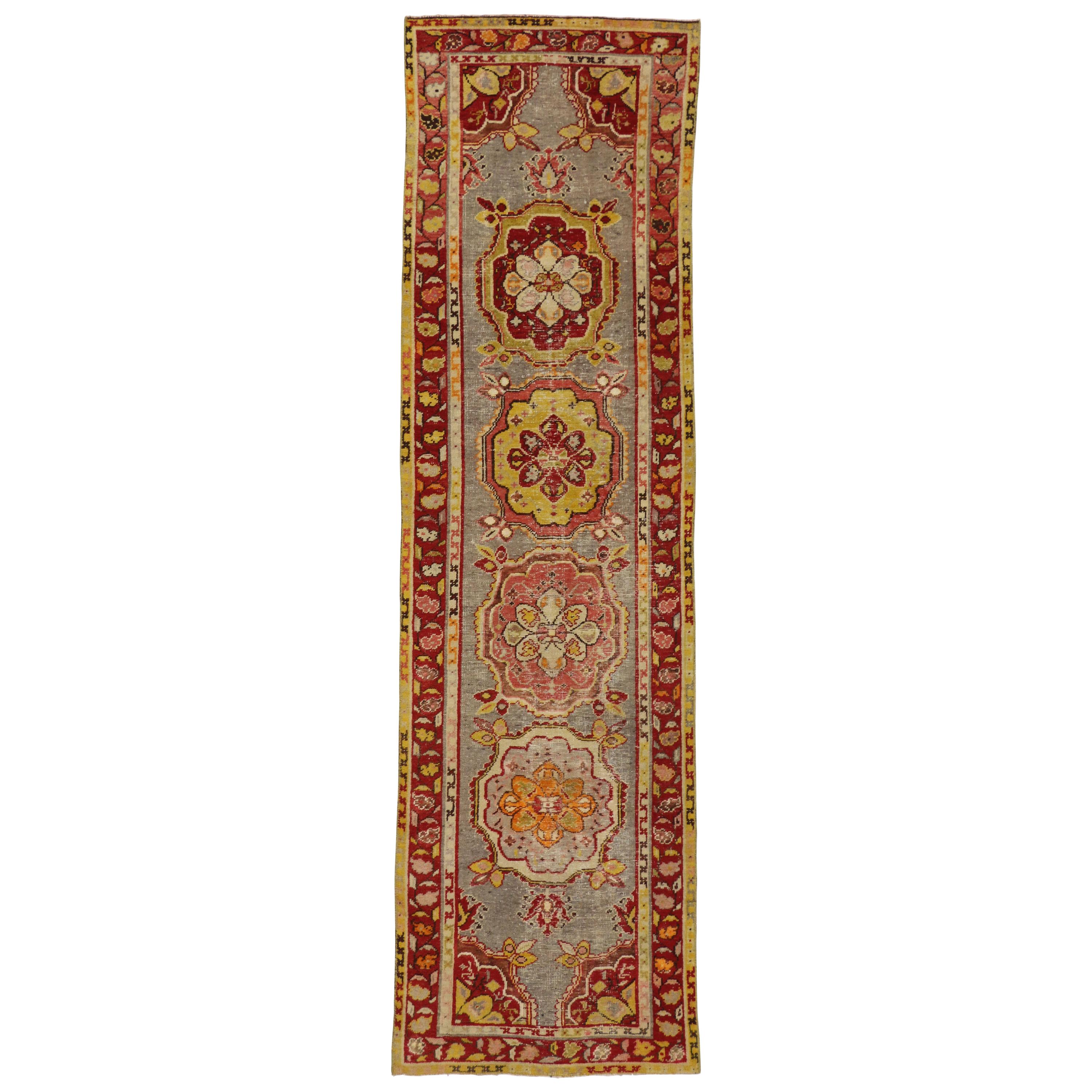 Distressed Vintage Turkish Oushak Runner with Rustic Jacobean Style
