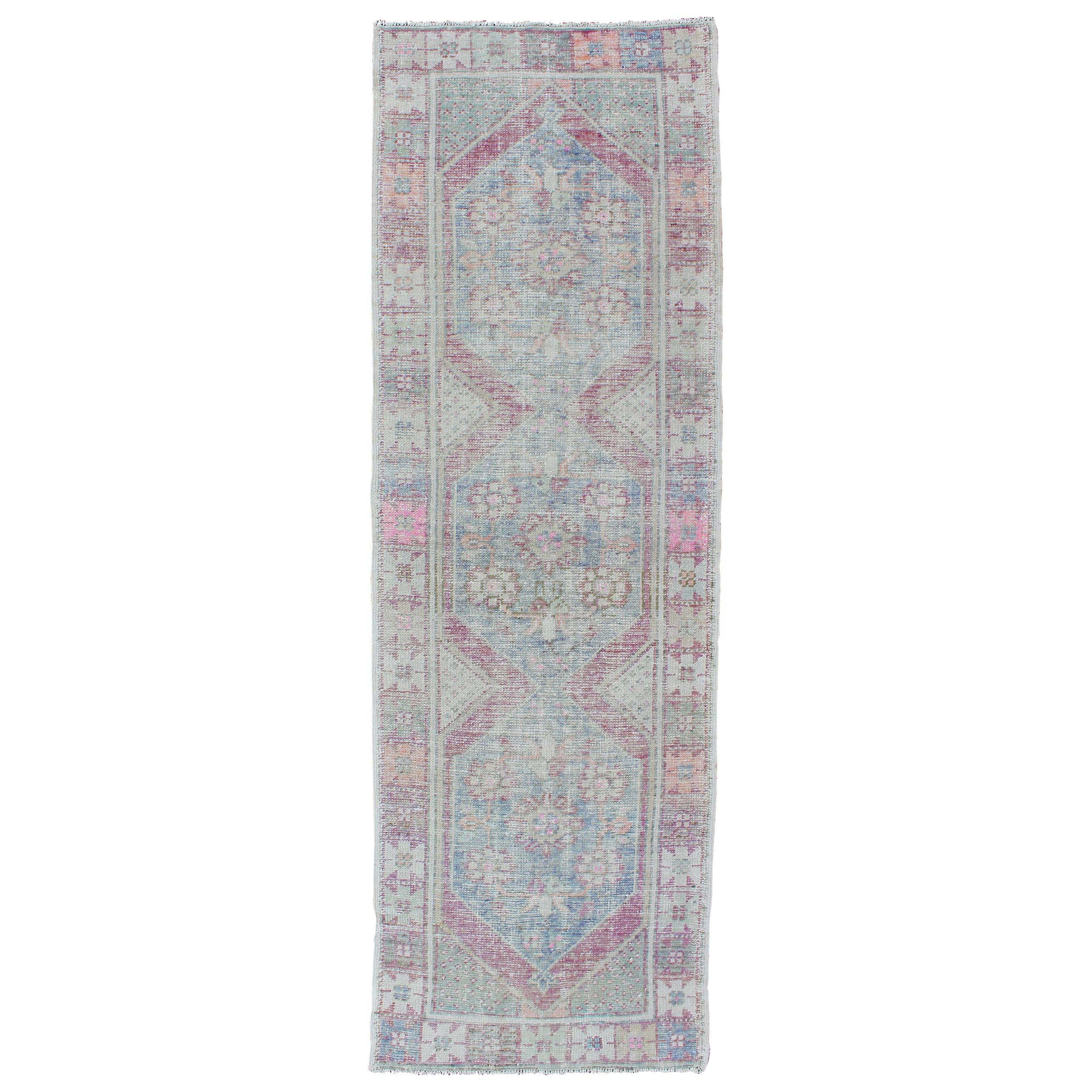 Distressed Vintage Turkish Oushak Runner in Light Purple, Light Green and Blue For Sale