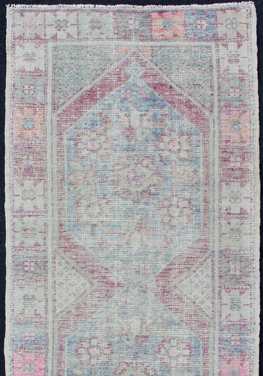 Hand-Knotted Distressed Vintage Turkish Oushak Runner in Light Purple, Light Green and Blue For Sale