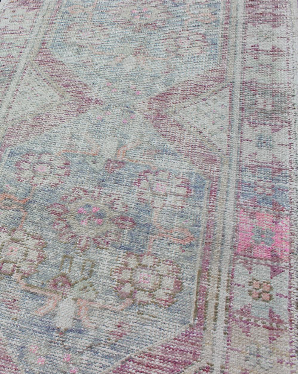 Distressed Vintage Turkish Oushak Runner in Light Purple, Light Green and Blue In Distressed Condition For Sale In Atlanta, GA