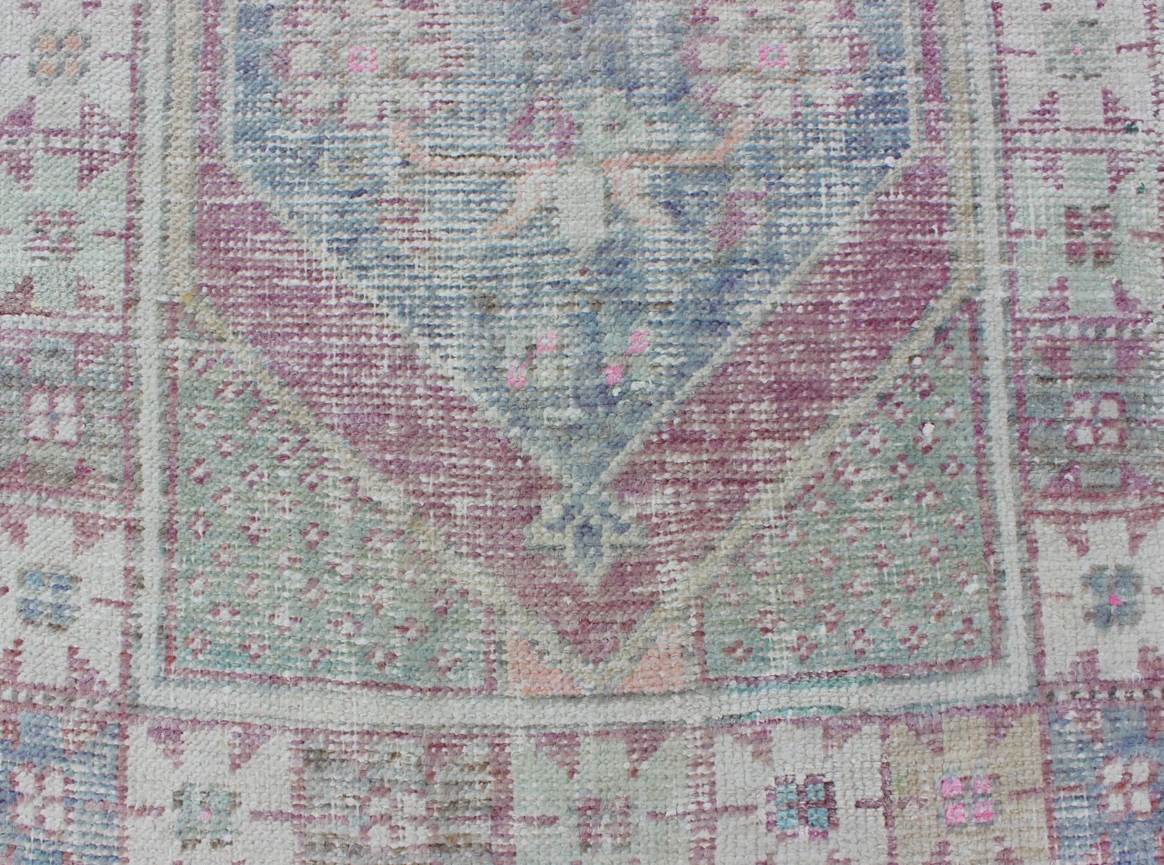 Wool Distressed Vintage Turkish Oushak Runner in Light Purple, Light Green and Blue For Sale