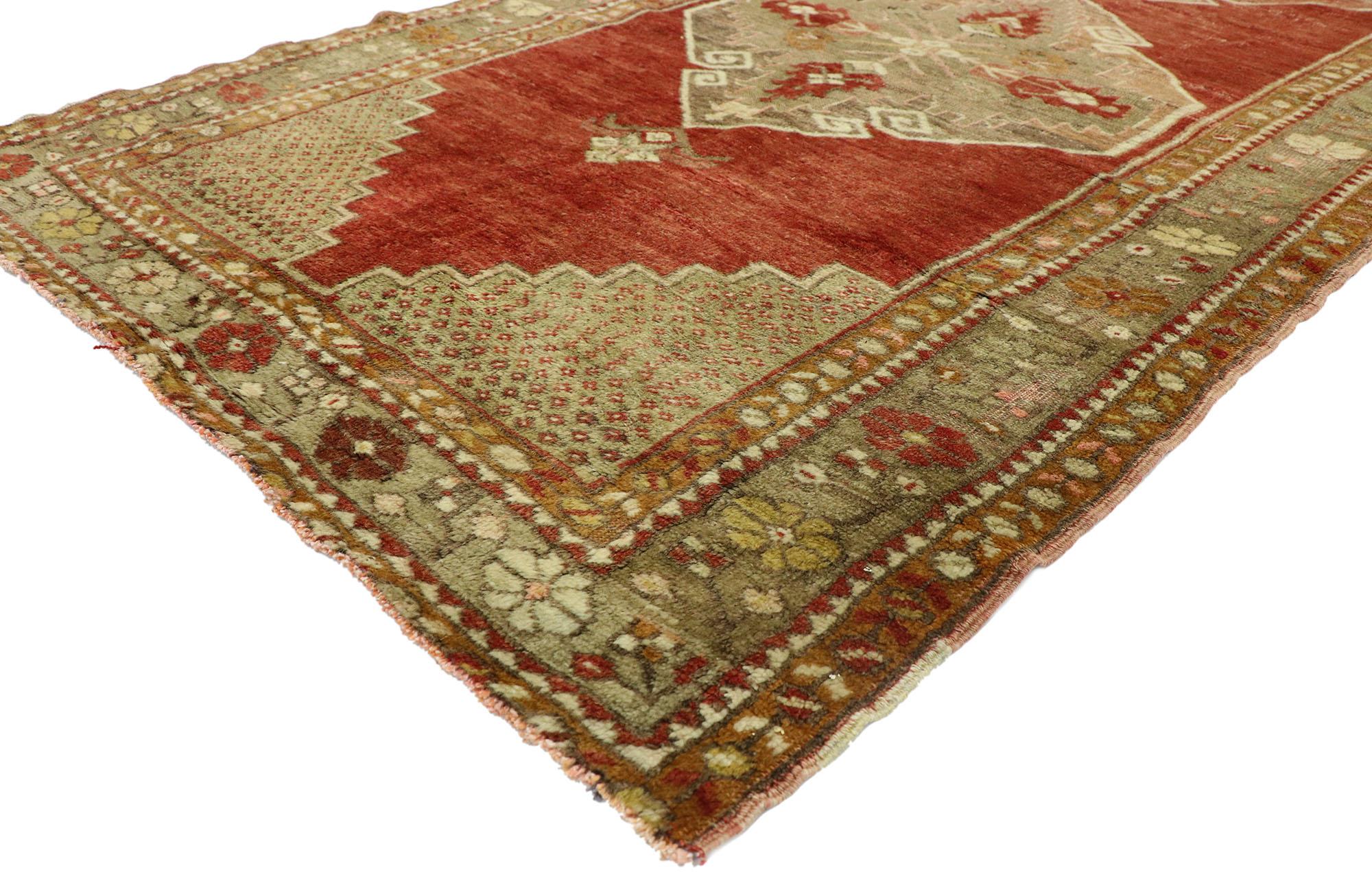 52769, distressed vintage Turkish Oushak runner with English Manor House Tudor style 03'08 x 10'10. With its warm, rich colors and ornate detailing, this hand knotted wool distressed vintage Turkish Oushak runner is well-balanced and poised to