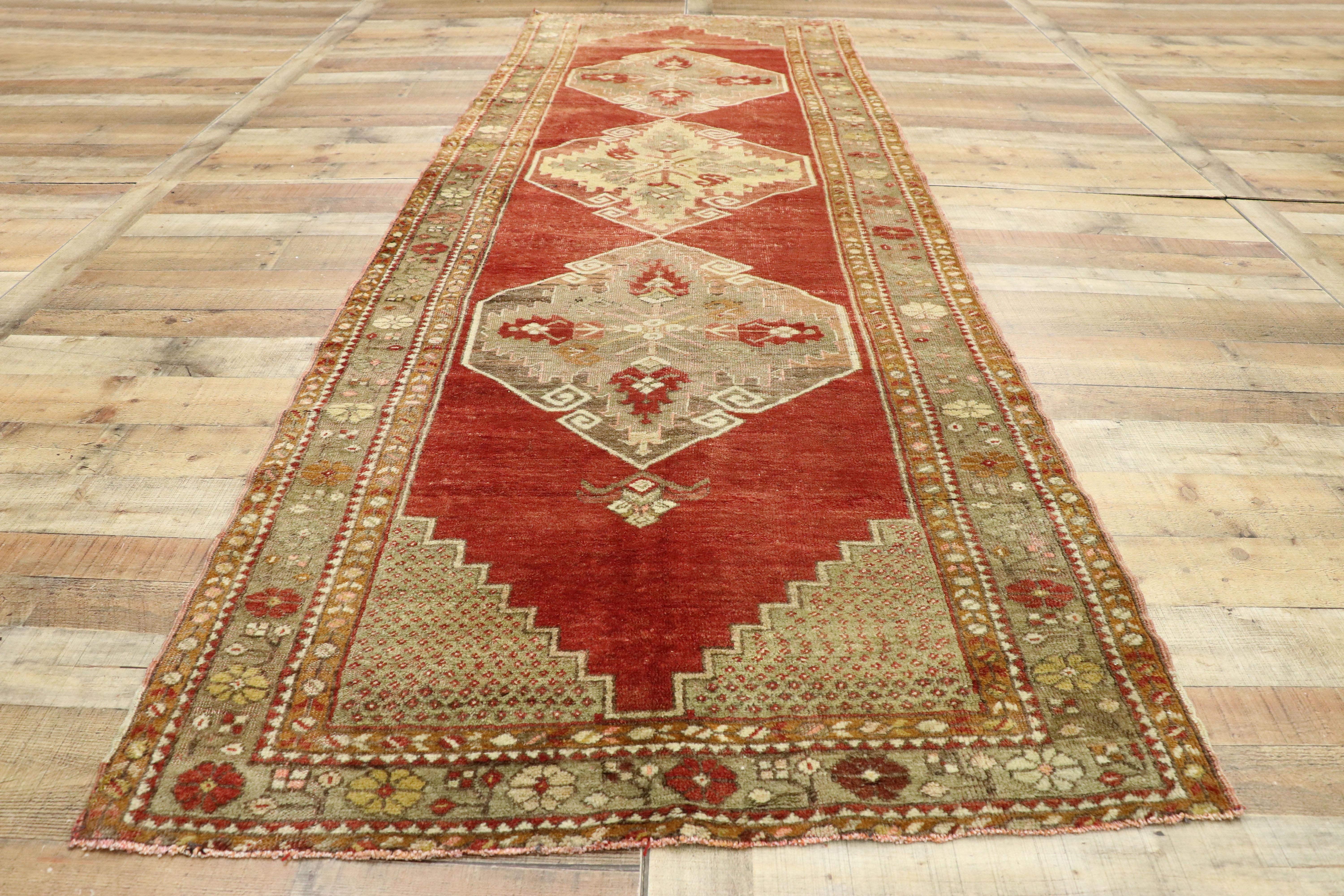 Distressed Vintage Turkish Oushak Runner with English Manor House Tudor Style For Sale 1