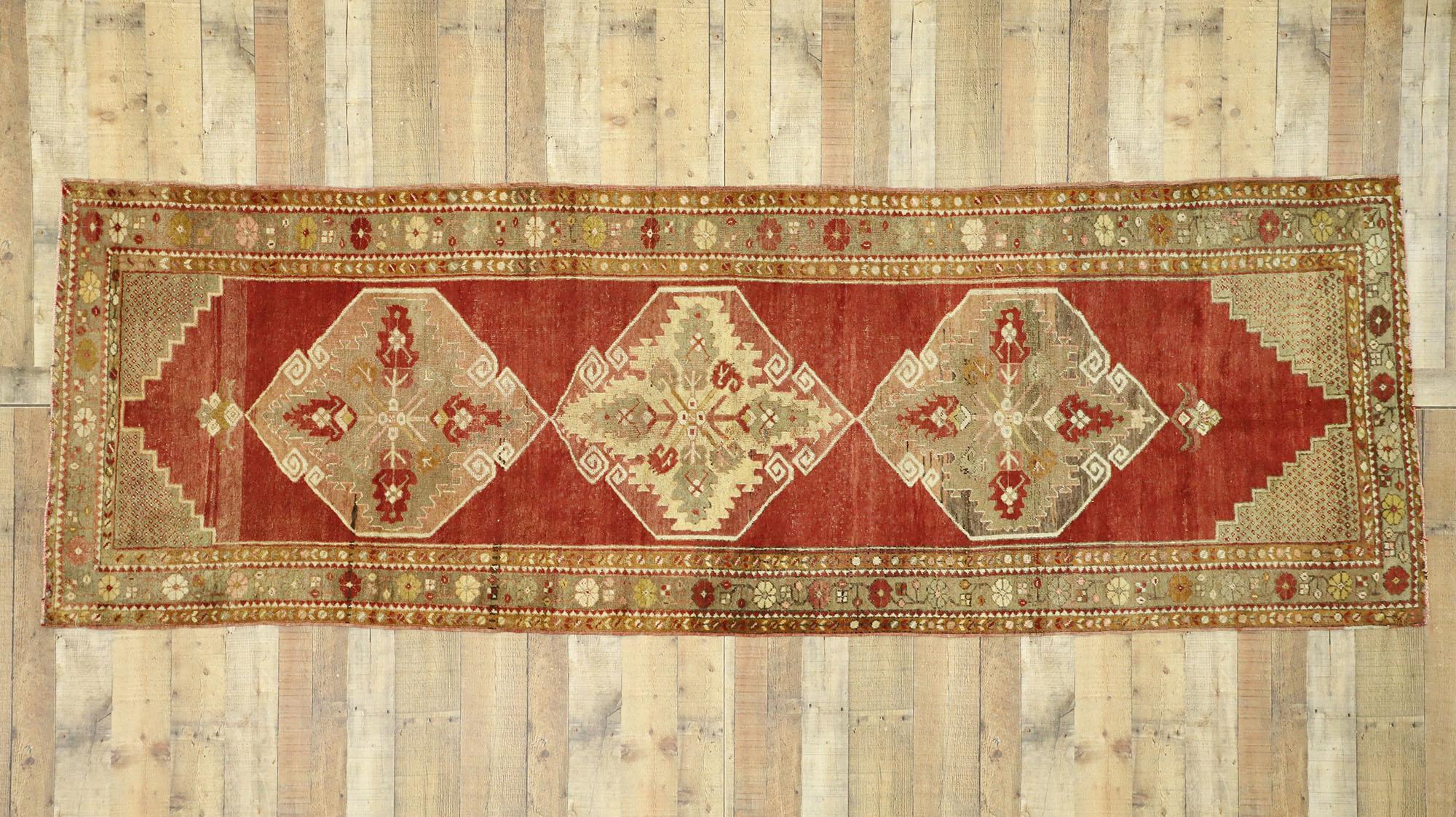 Distressed Vintage Turkish Oushak Runner with English Manor House Tudor Style For Sale 2