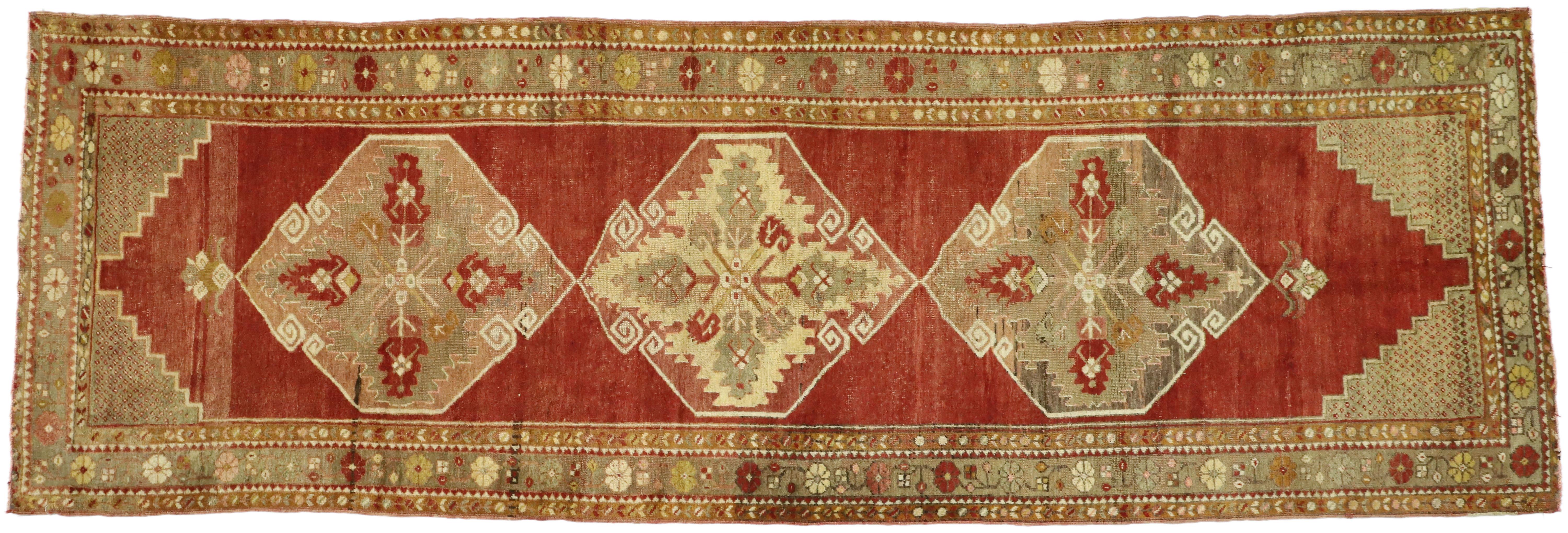 Distressed Vintage Turkish Oushak Runner with English Manor House Tudor Style For Sale 3