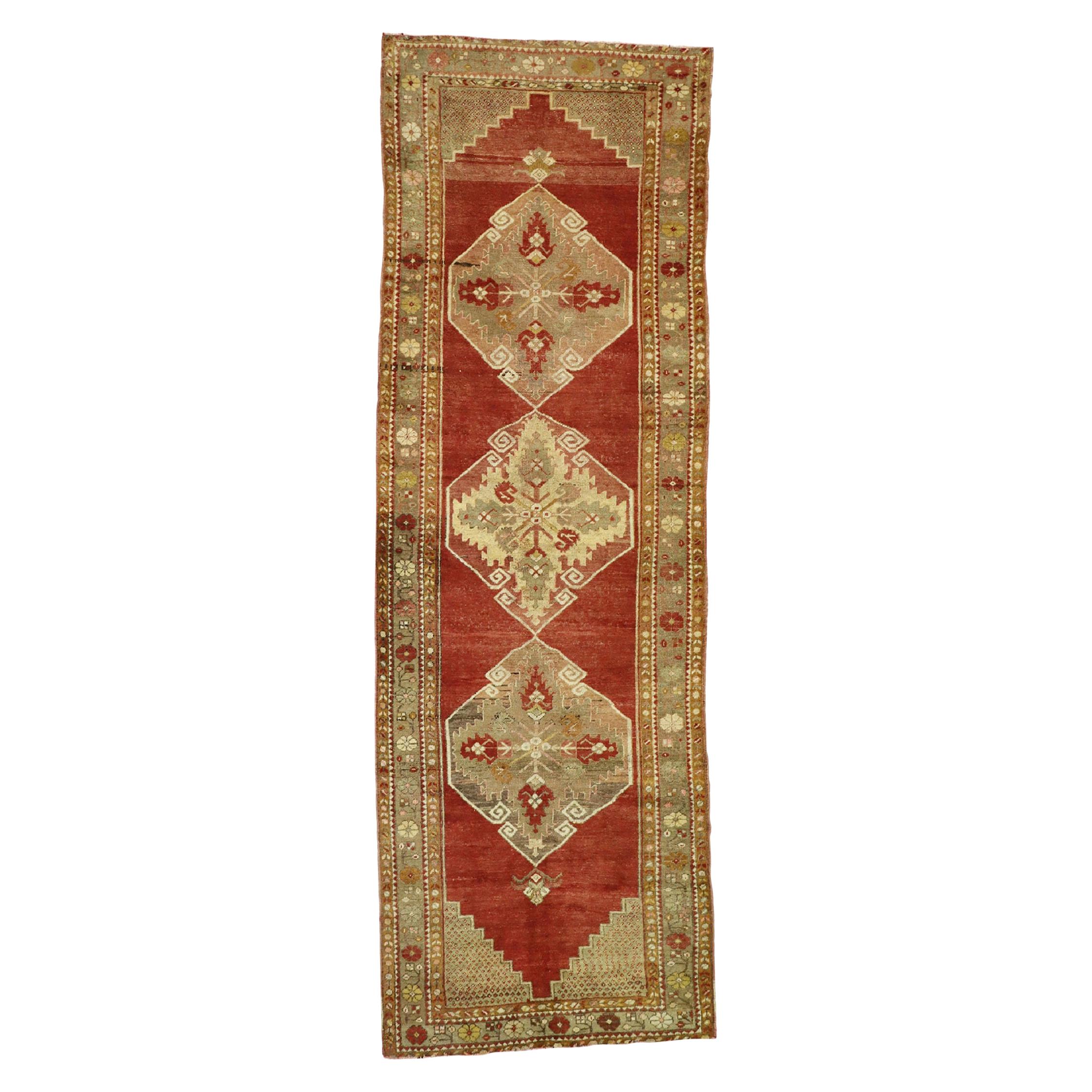 Distressed Vintage Turkish Oushak Runner with English Manor House Tudor Style For Sale
