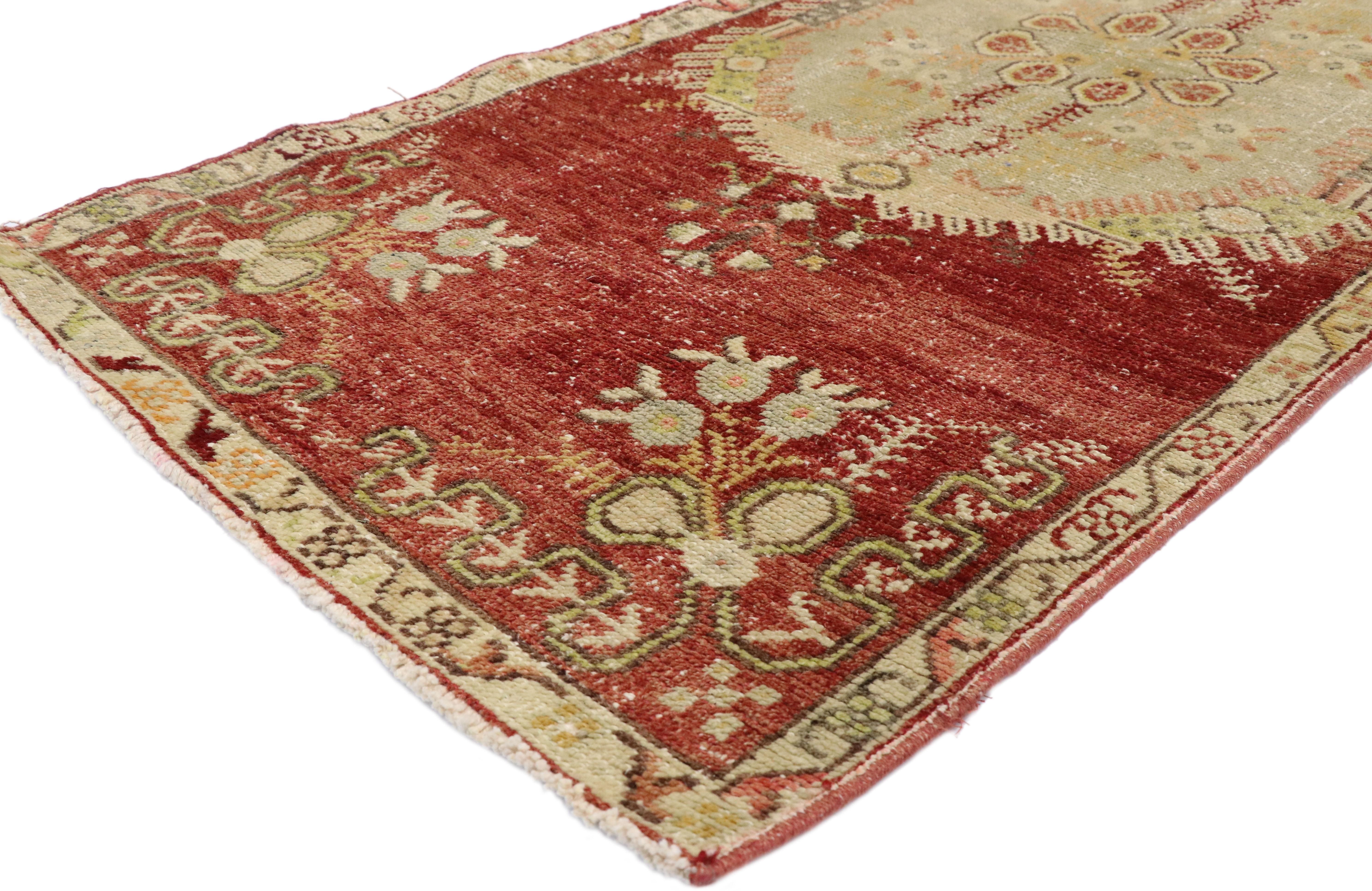51726 Distressed Vintage Turkish Oushak Runner with French Provincial and Rococo Style. French Provincial and Rococo romanticism meets timeless Anatolian tradition in this Classic style in this hand knotted wool distressed vintage Turkish Oushak