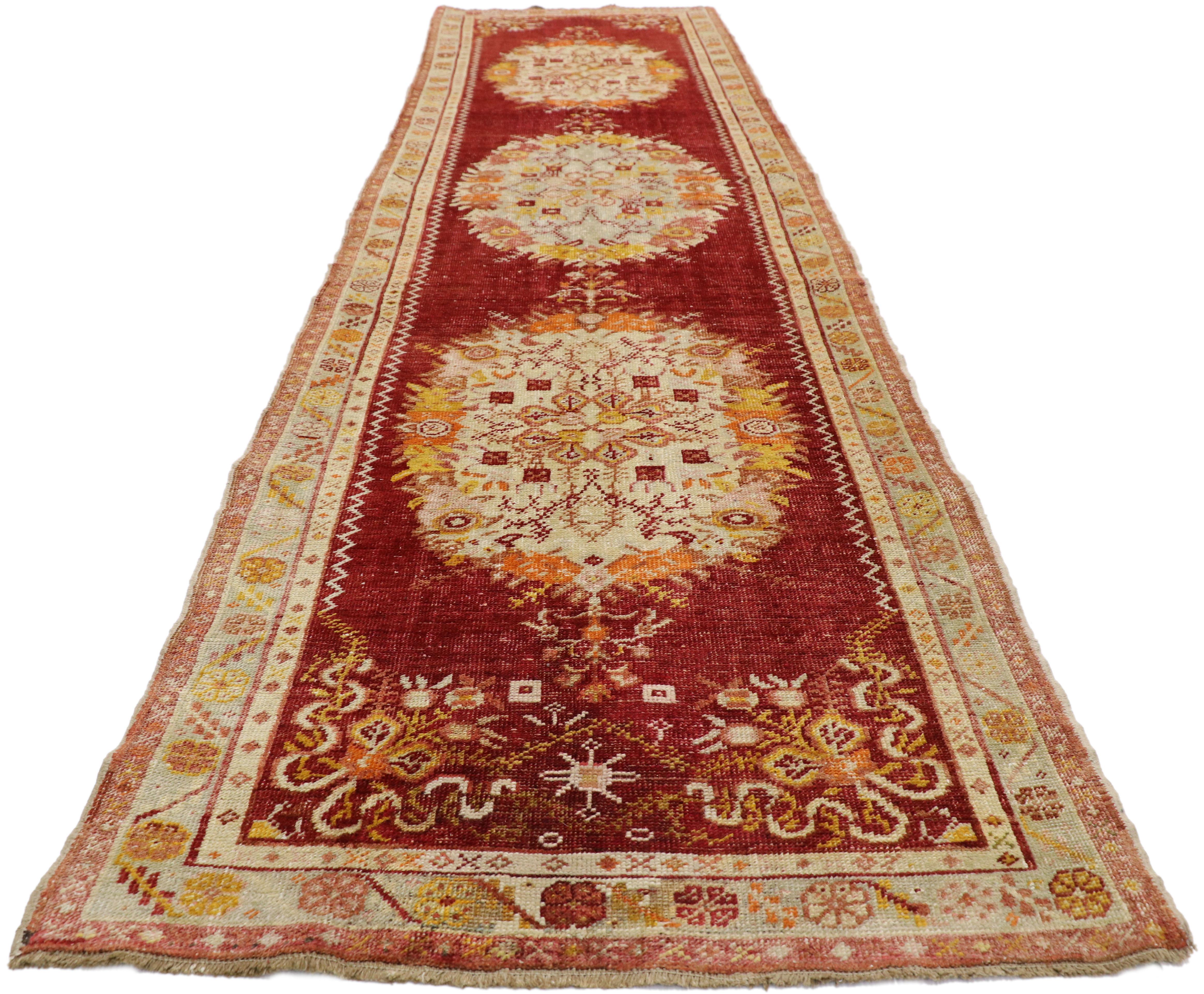 Hand-Knotted Distressed Vintage Turkish Oushak Runner with French Provincial and Rococo Style For Sale