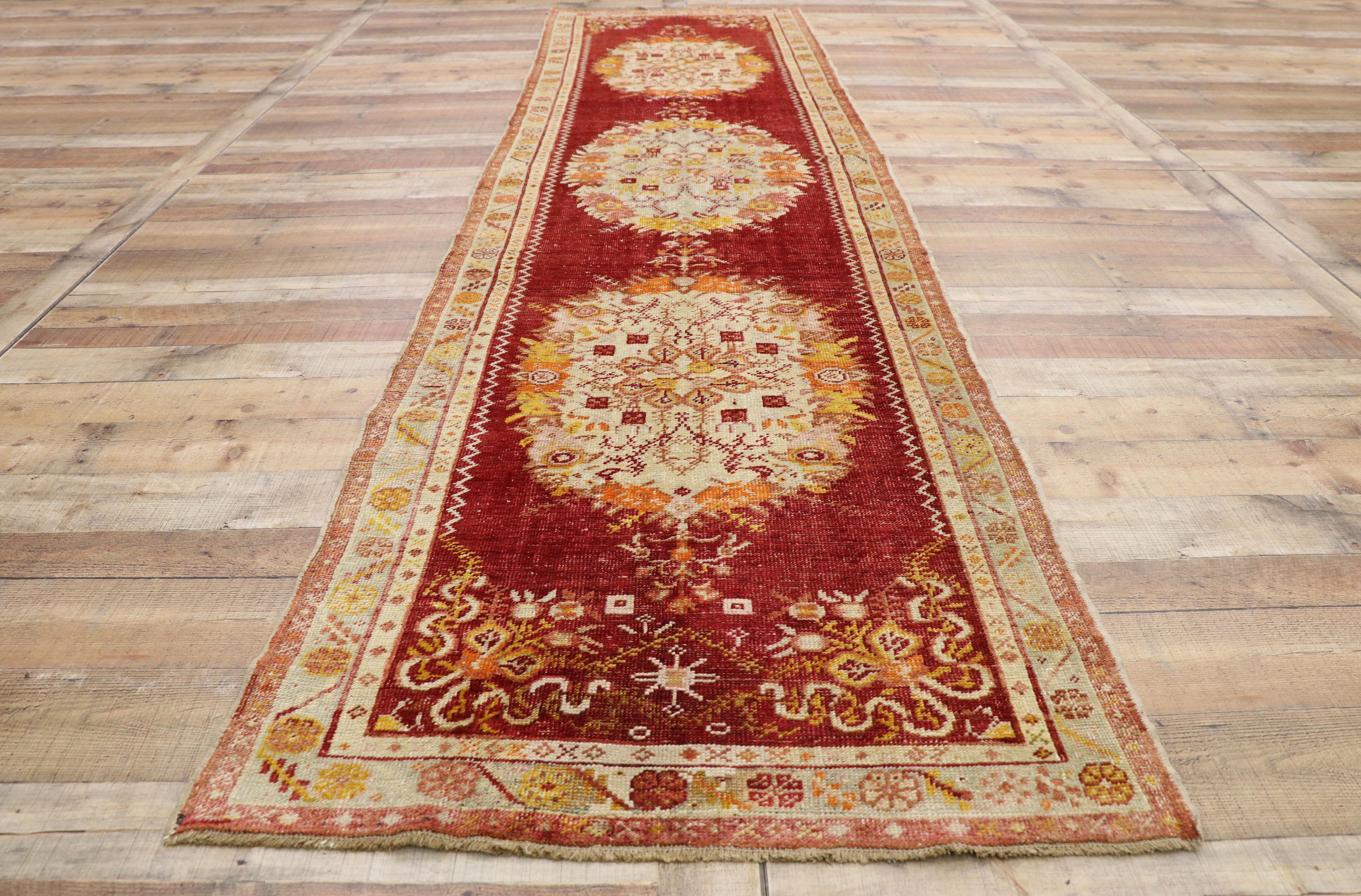Distressed Vintage Turkish Oushak Runner with French Provincial and Rococo Style For Sale 1