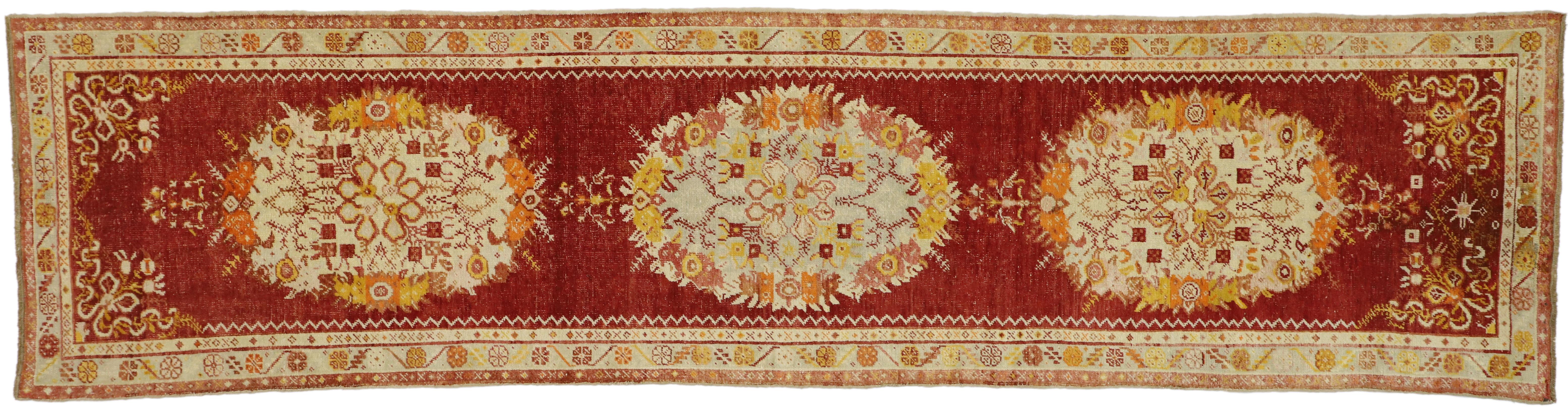 Distressed Vintage Turkish Oushak Runner with French Provincial and Rococo Style For Sale 3