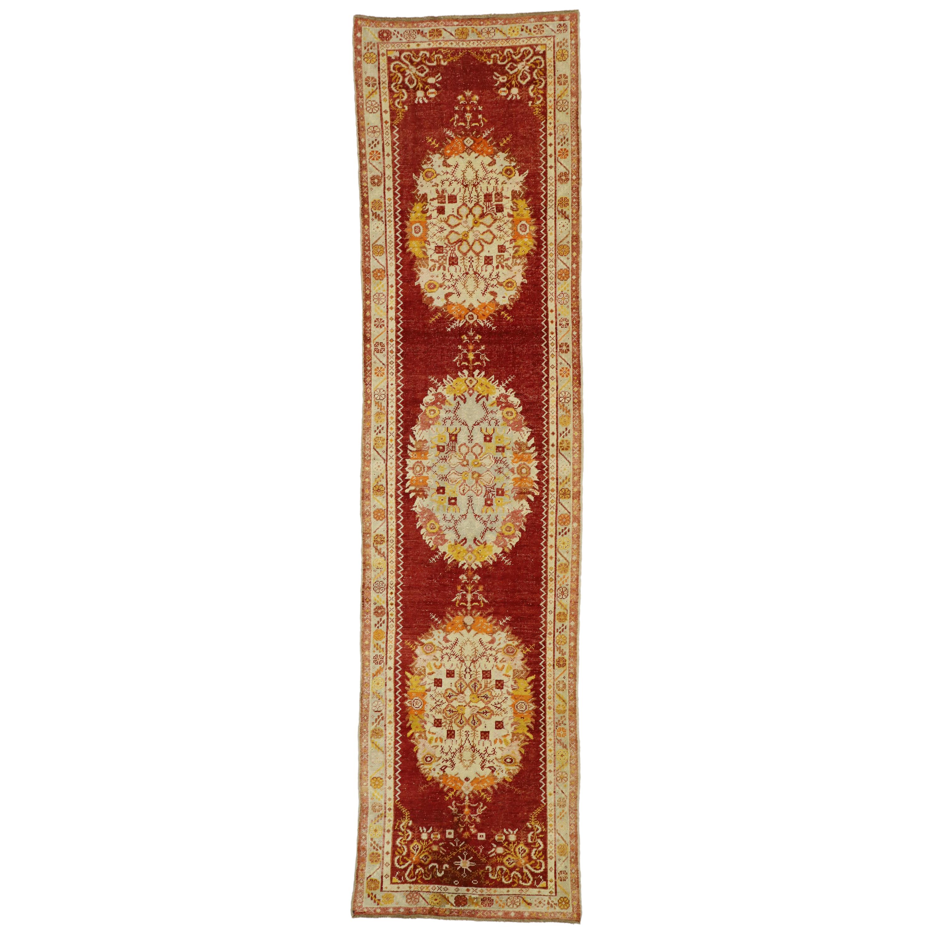 Distressed Vintage Turkish Oushak Runner with French Provincial and Rococo Style For Sale