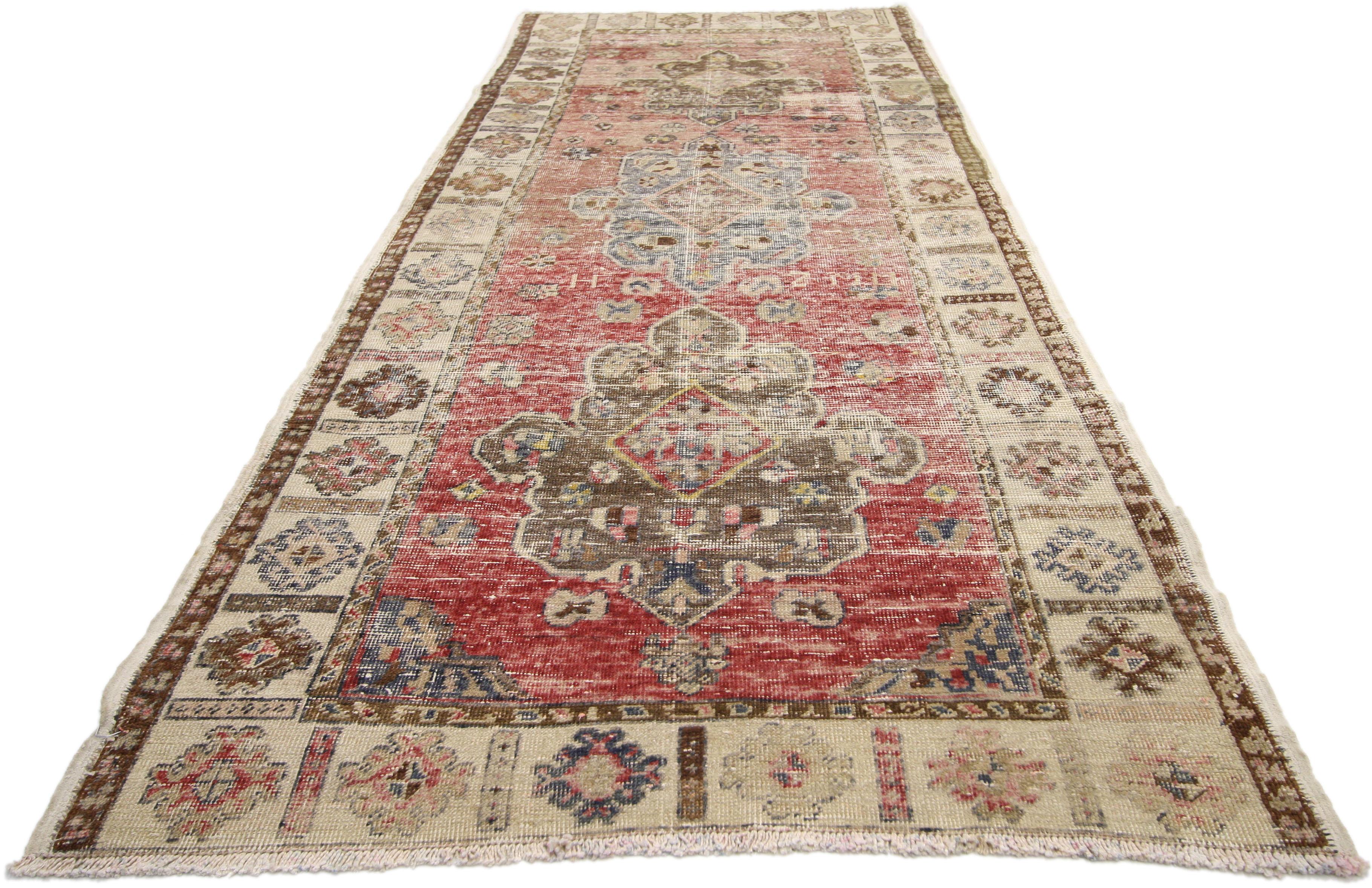 Distressed Vintage Turkish Oushak Runner with Industrial Style In Distressed Condition For Sale In Dallas, TX
