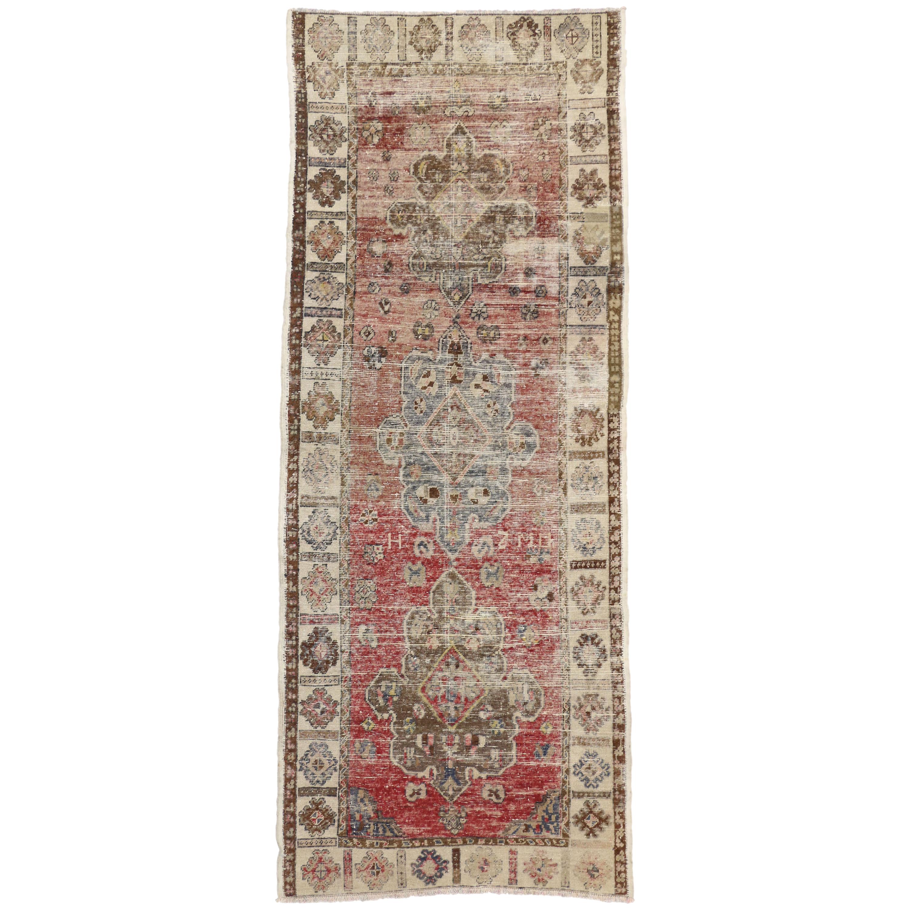 Distressed Vintage Turkish Oushak Runner with Industrial Style For Sale
