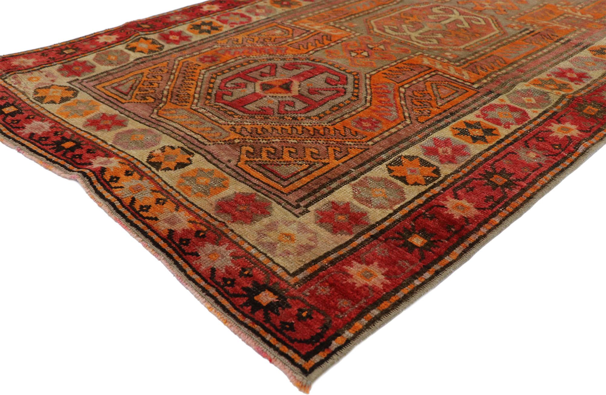 52614 Distressed Vintage Turkish Oushak Runner with Modern Rustic Northwestern Style 03'03 x 07'11. With its bold hues and rugged beauty, this hand-knotted wool distressed vintage Turkish runner beautifully embodies a modern rustic northwestern