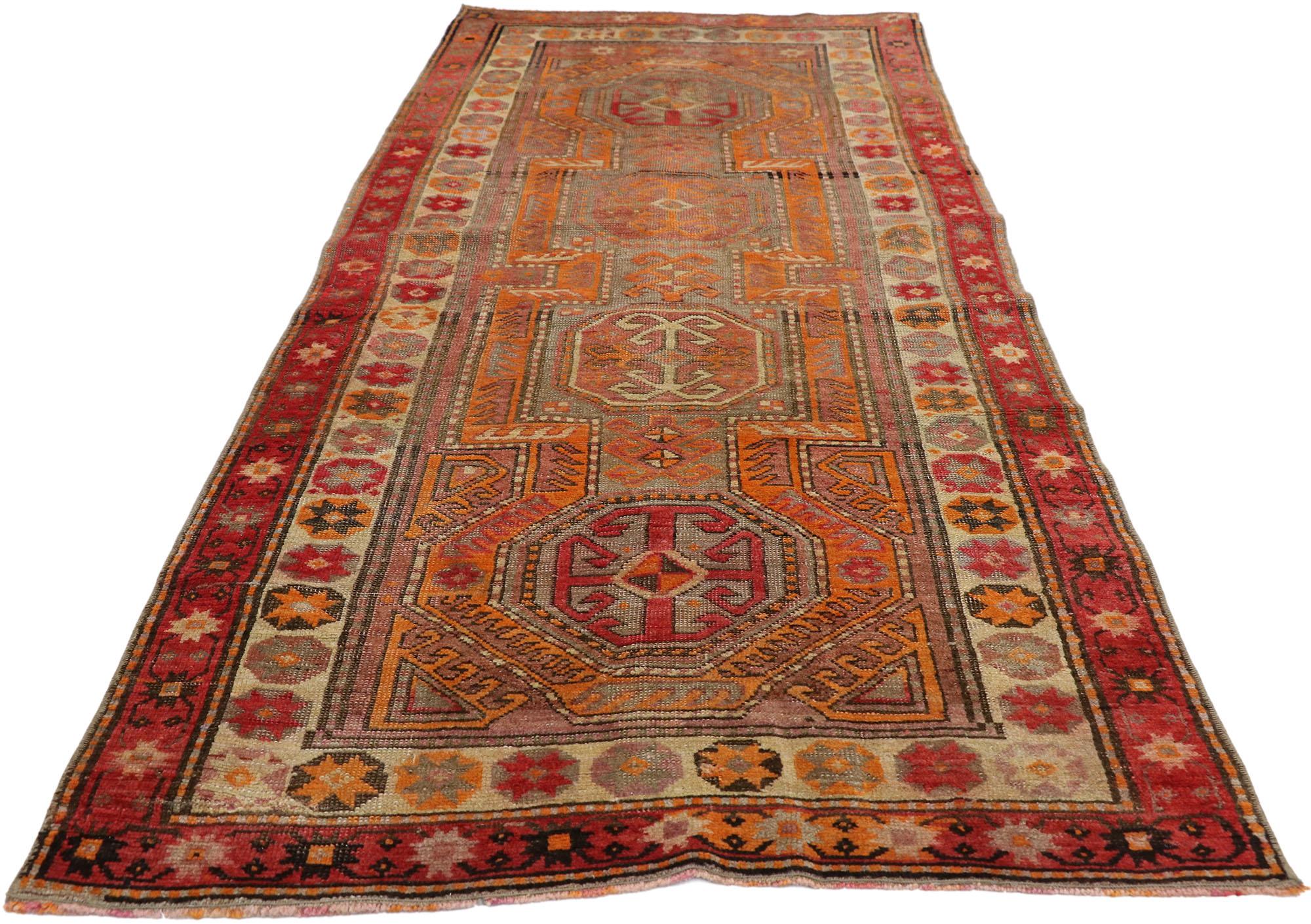 Mid-Century Modern Distressed Vintage Turkish Oushak Runner with Modern Rustic Northwestern Style For Sale