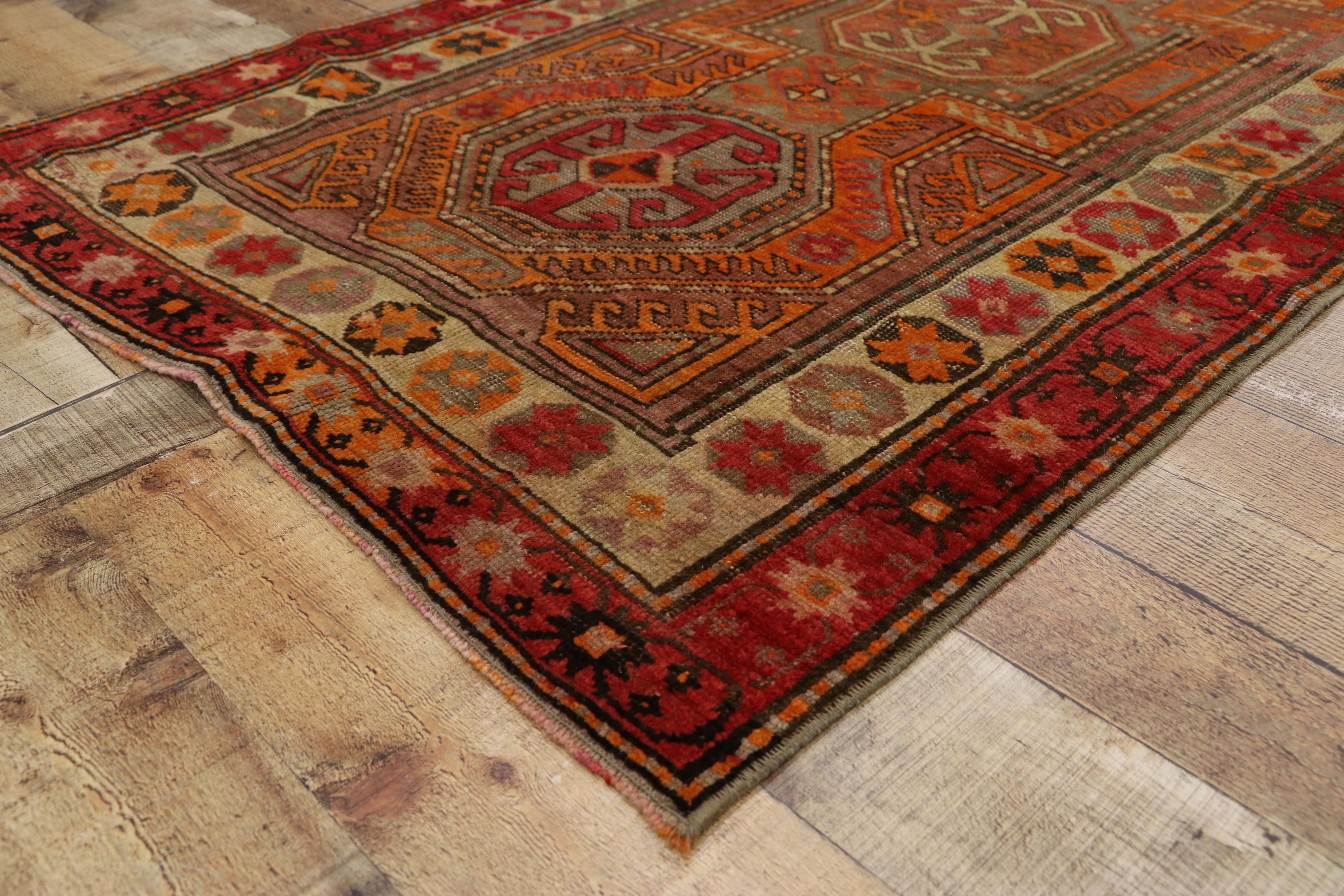 Wool Distressed Vintage Turkish Oushak Runner with Modern Rustic Northwestern Style For Sale