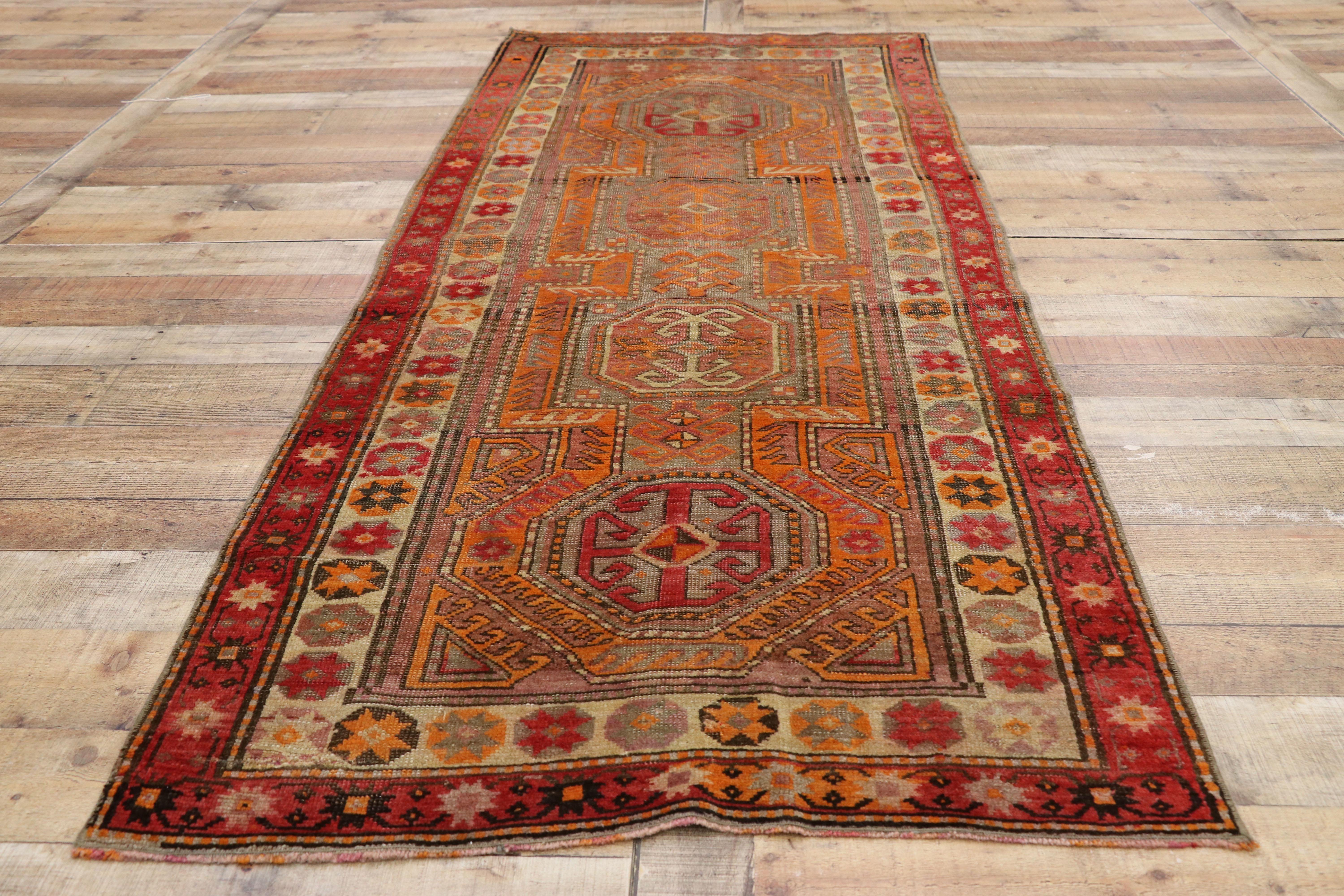 Distressed Vintage Turkish Oushak Runner with Modern Rustic Northwestern Style For Sale 1