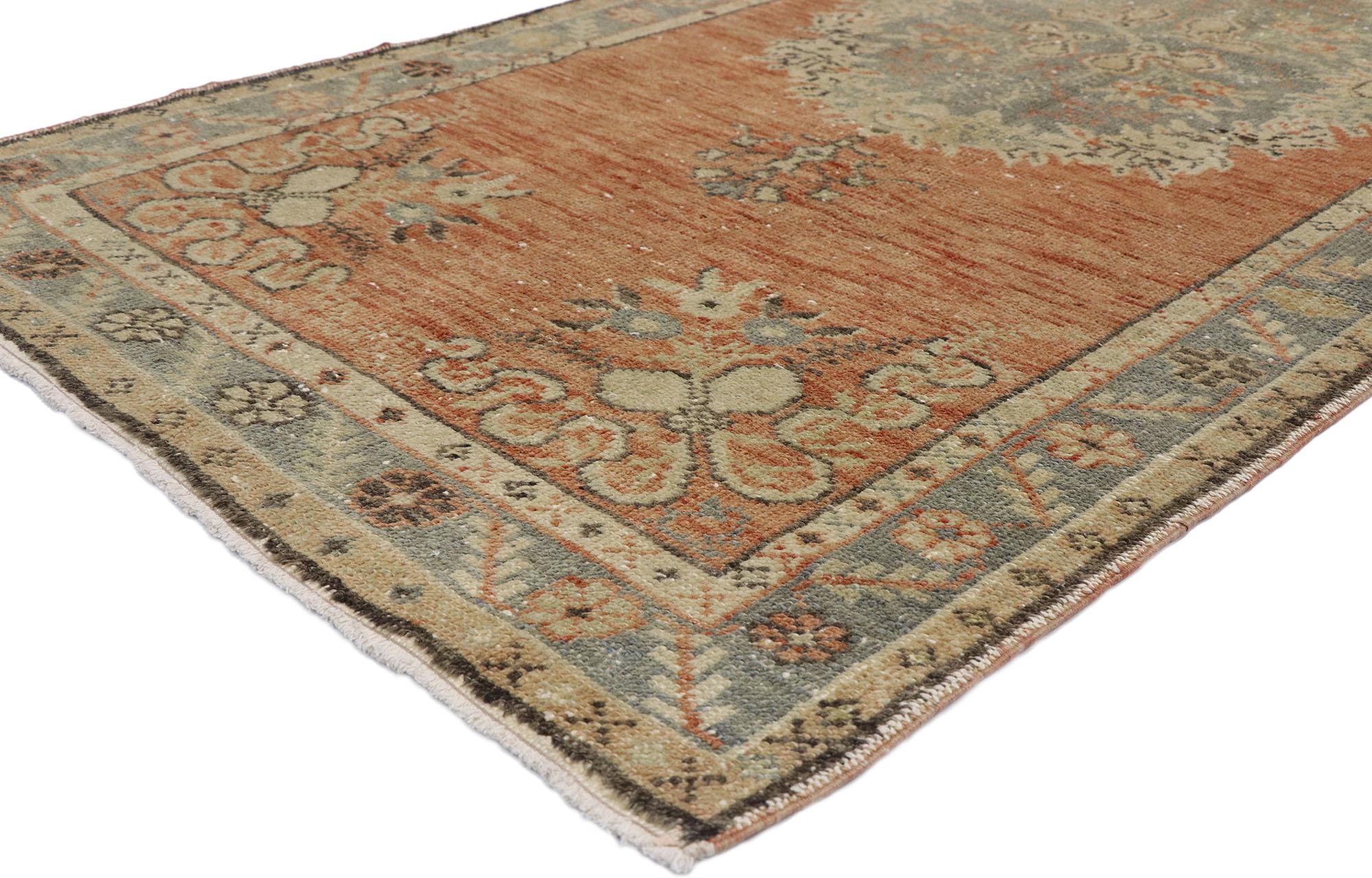52745, distressed vintage Turkish Oushak runner with Romantic French Country style. French Country and Romantic Rusticity meets timeless Anatolian tradition in this hand knotted wool distressed vintage Turkish Oushak runner. Set with three elaborate