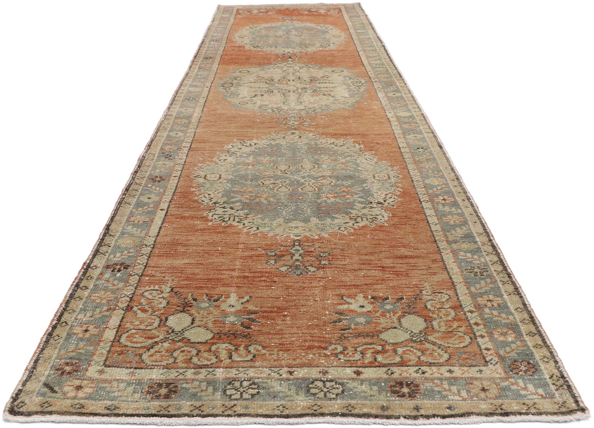 Hand-Knotted Distressed Vintage Turkish Oushak Runner with Romantic French Country Style For Sale