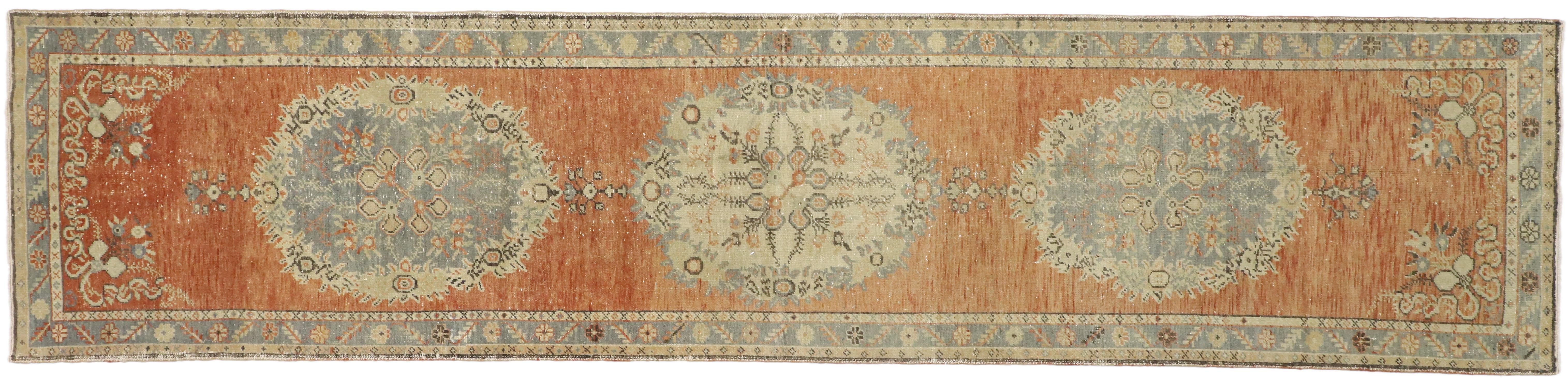 Distressed Vintage Turkish Oushak Runner with Romantic French Country Style For Sale 1