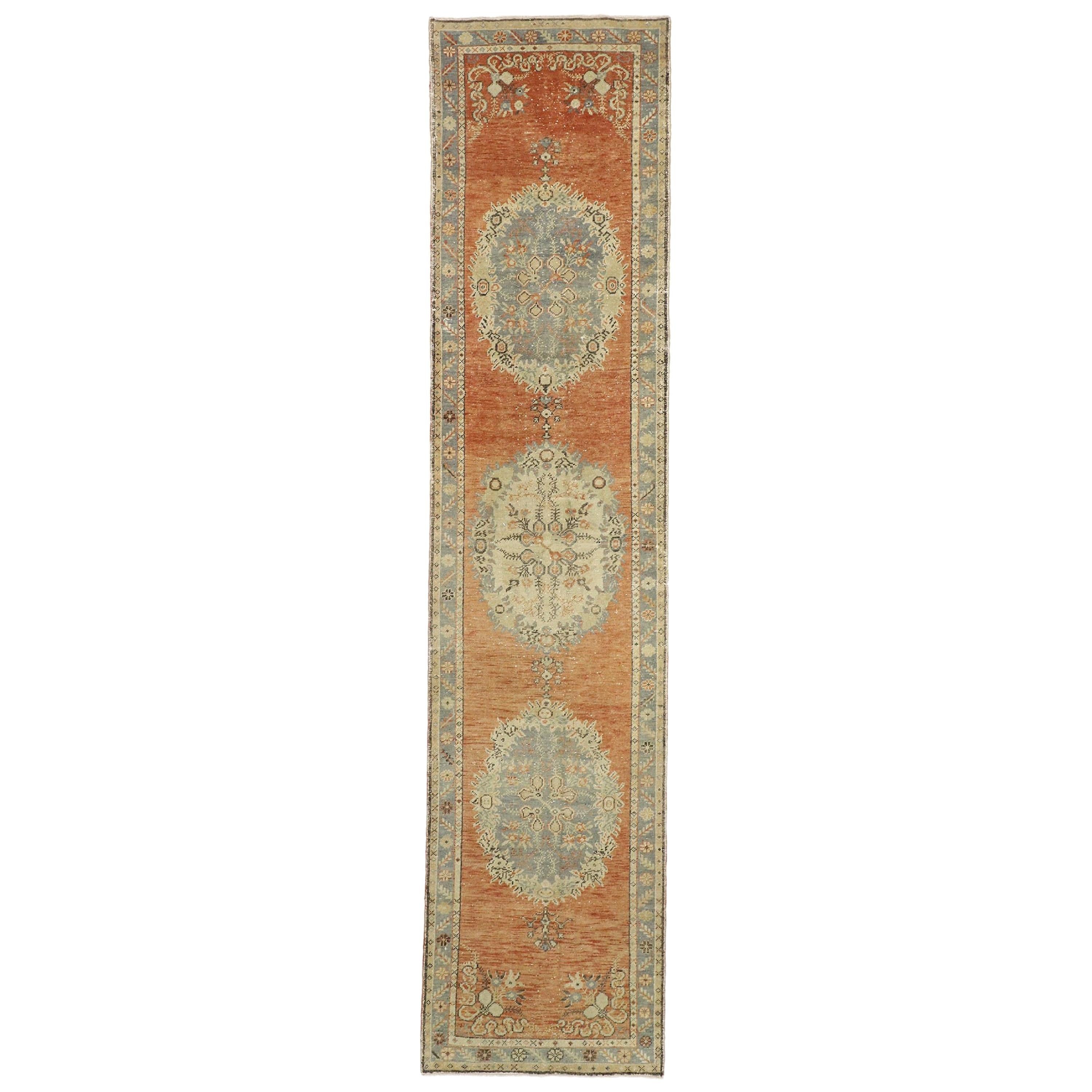 Distressed Vintage Turkish Oushak Runner with Romantic French Country Style