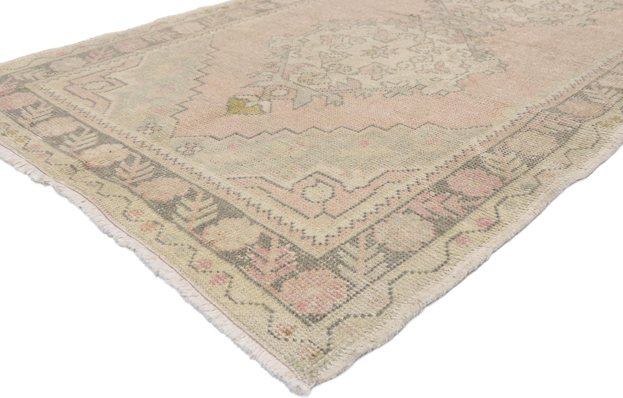 52720 Distressed Vintage Turkish Oushak Runner with Romantic Georgian Style 03'05 x 08'11. Romance and rusticity collide in this hand knotted wool distressed vintage Turkish Oushak runner. It features four stacked medallions patterned with stylized