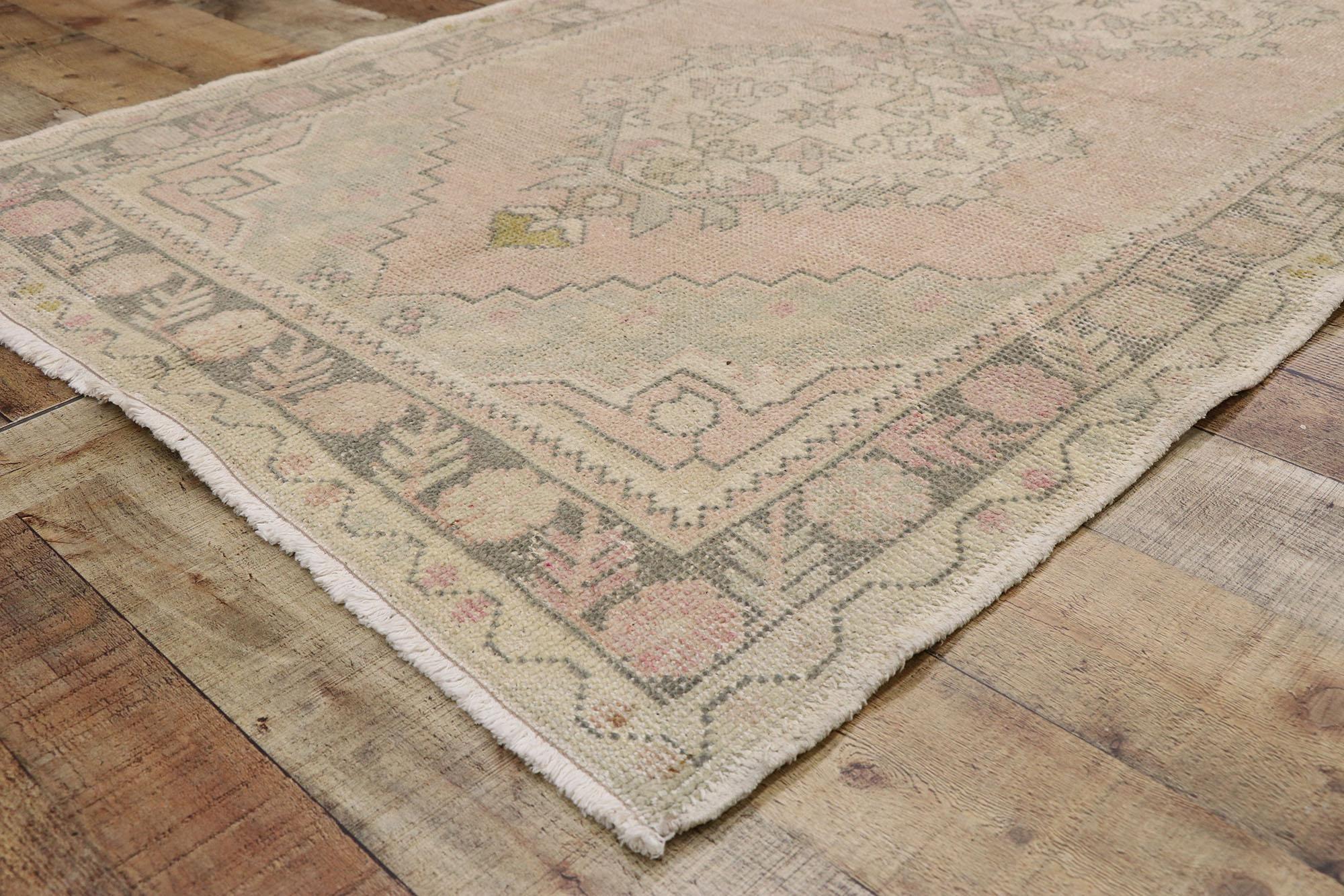 Wool Distressed Vintage Turkish Oushak Runner with Romantic Georgian Style For Sale