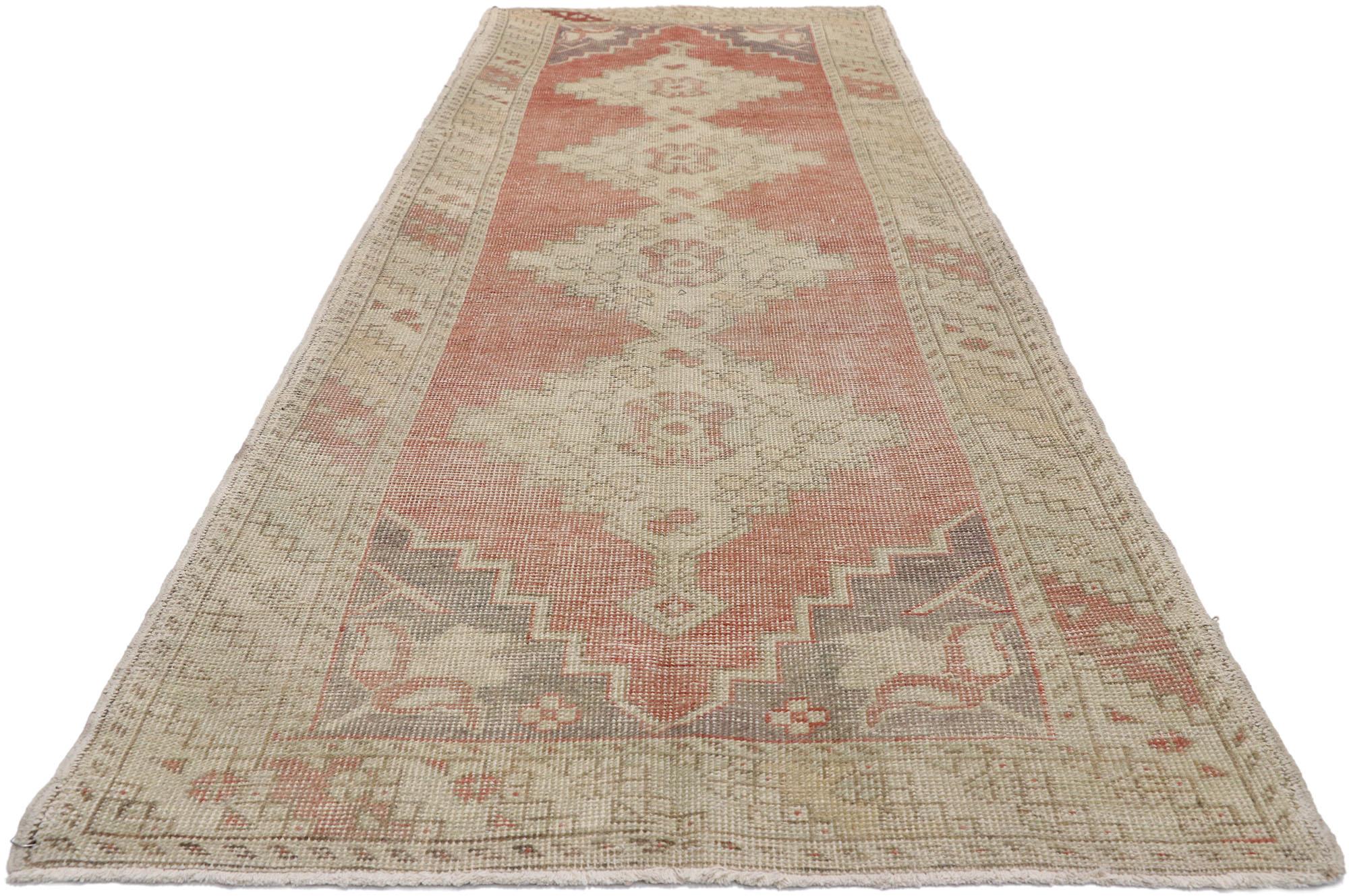 Hand-Knotted Distressed Vintage Turkish Oushak Runner with Romantic Rustic Style For Sale
