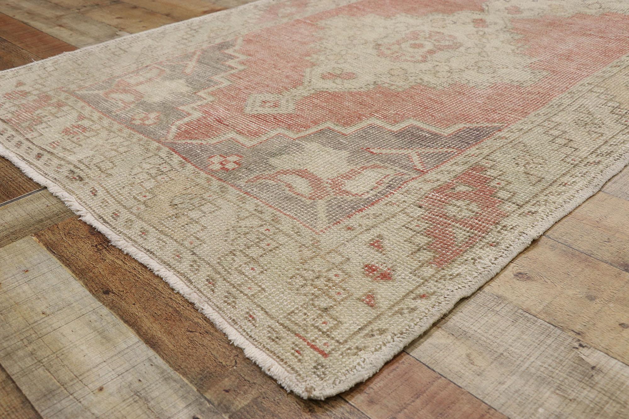 Wool Distressed Vintage Turkish Oushak Runner with Romantic Rustic Style For Sale