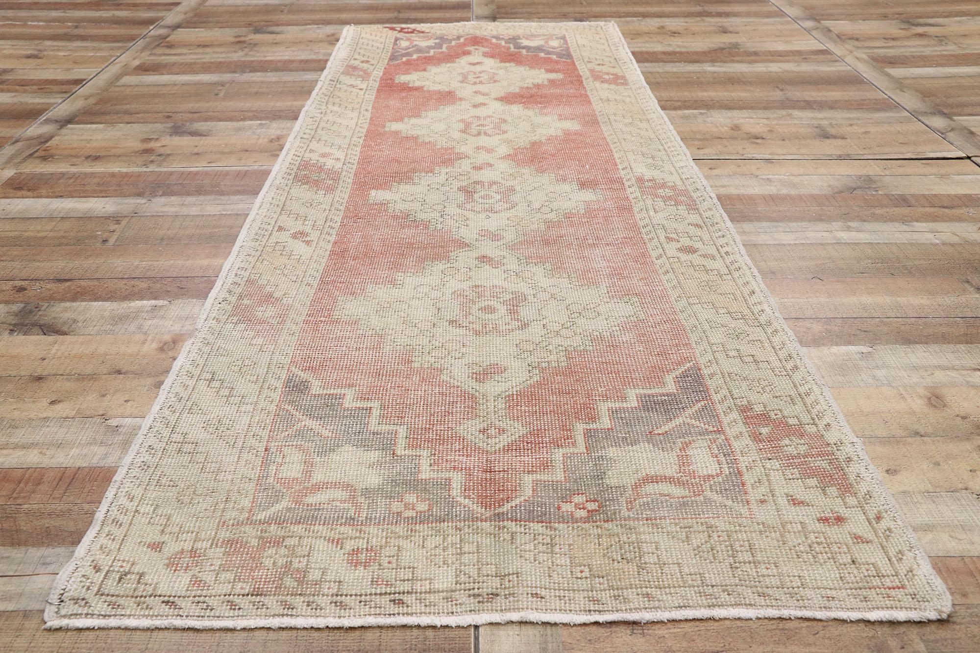 Distressed Vintage Turkish Oushak Runner with Romantic Rustic Style For Sale 1