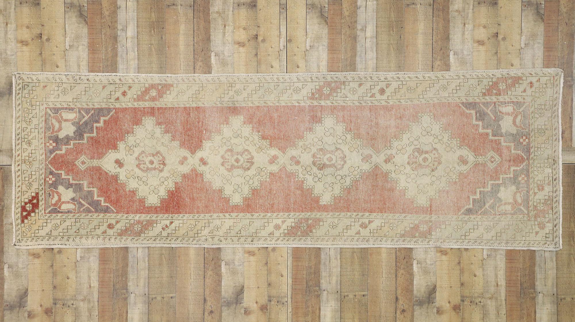 Distressed Vintage Turkish Oushak Runner with Romantic Rustic Style For Sale 2