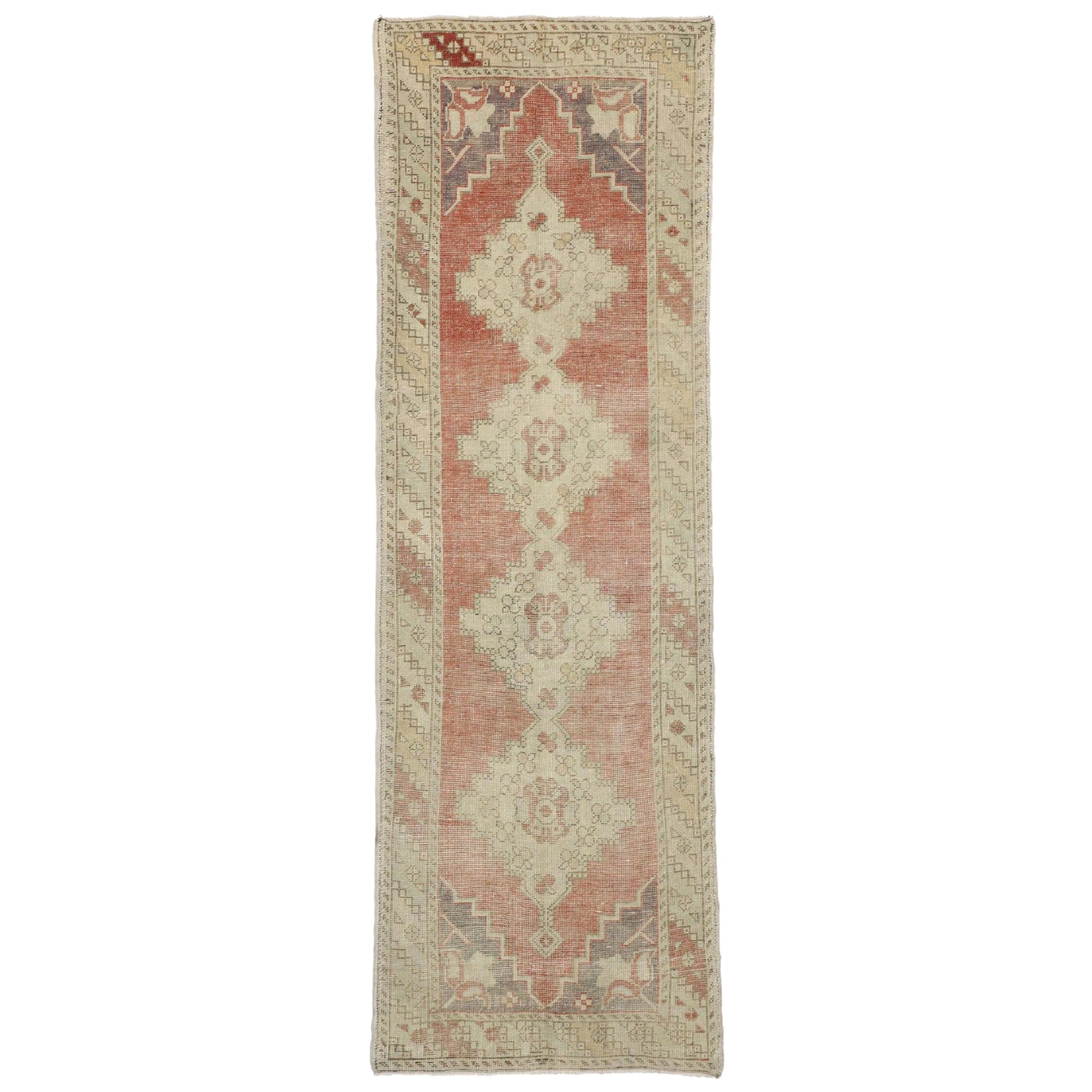 Distressed Vintage Turkish Oushak Runner with Romantic Rustic Style For Sale