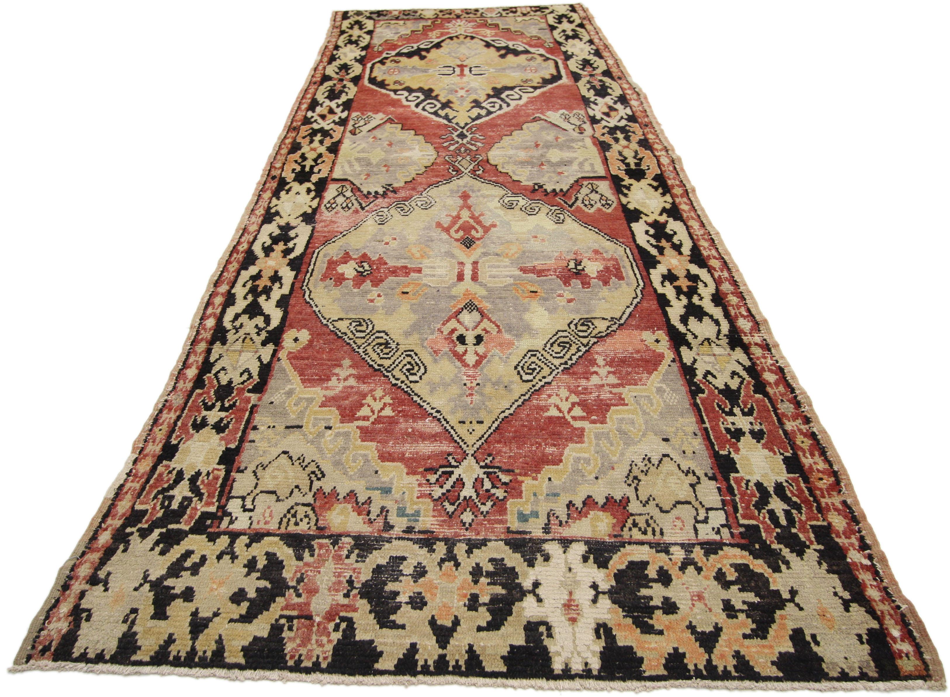 Hand-Knotted Distressed Vintage Turkish Oushak Runner with Rustic Lodge Style For Sale