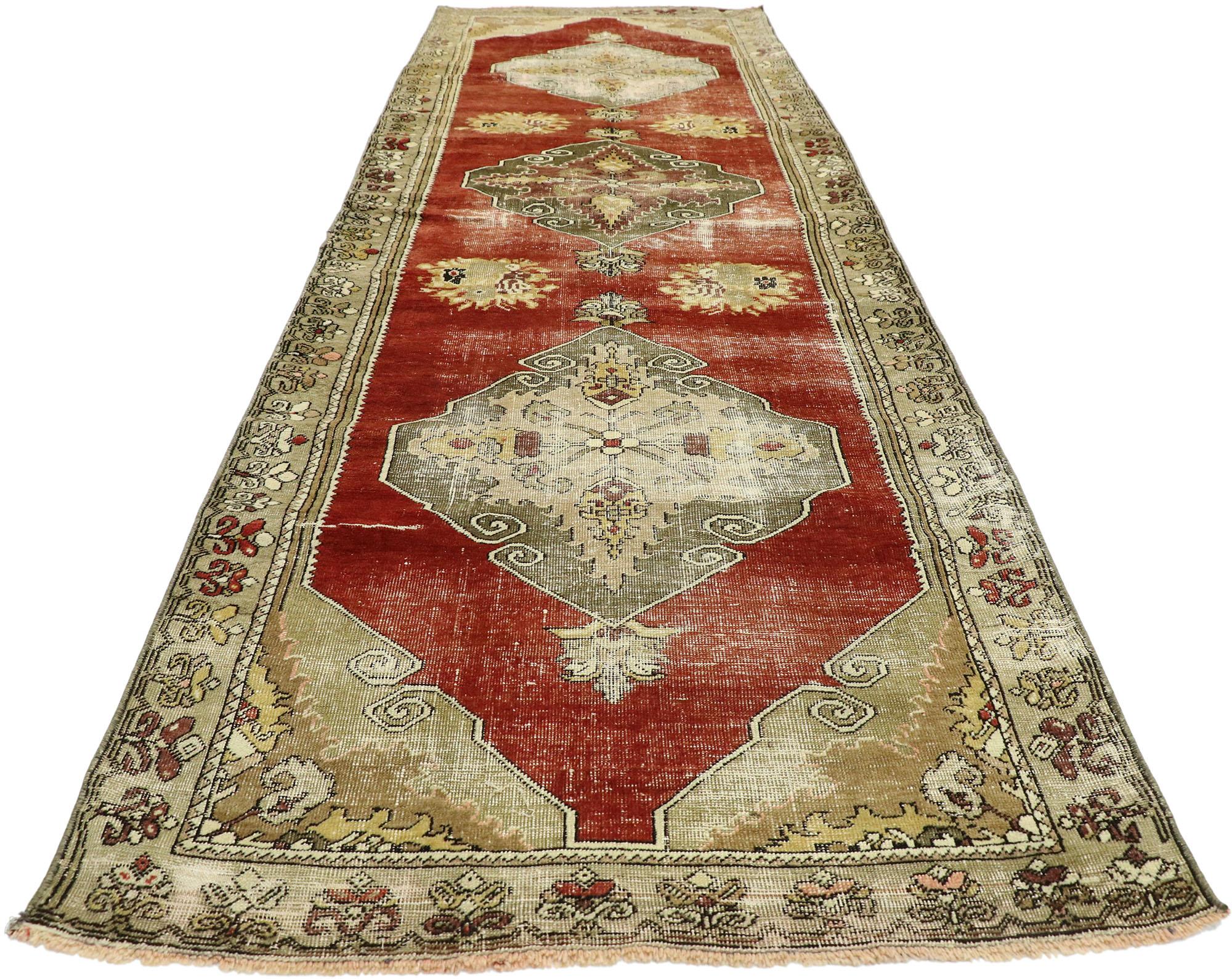 Distressed Vintage Turkish Oushak Runner with Rustic Lodge Style In Distressed Condition For Sale In Dallas, TX