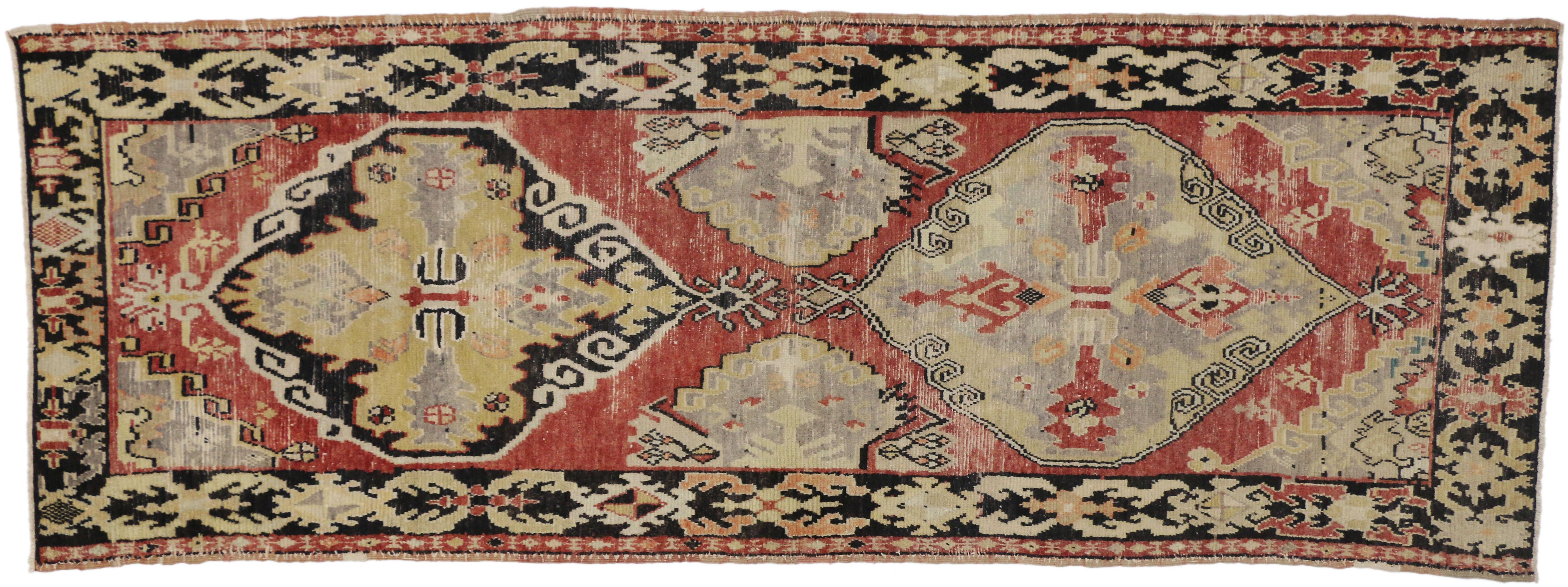 Wool Distressed Vintage Turkish Oushak Runner with Rustic Lodge Style For Sale