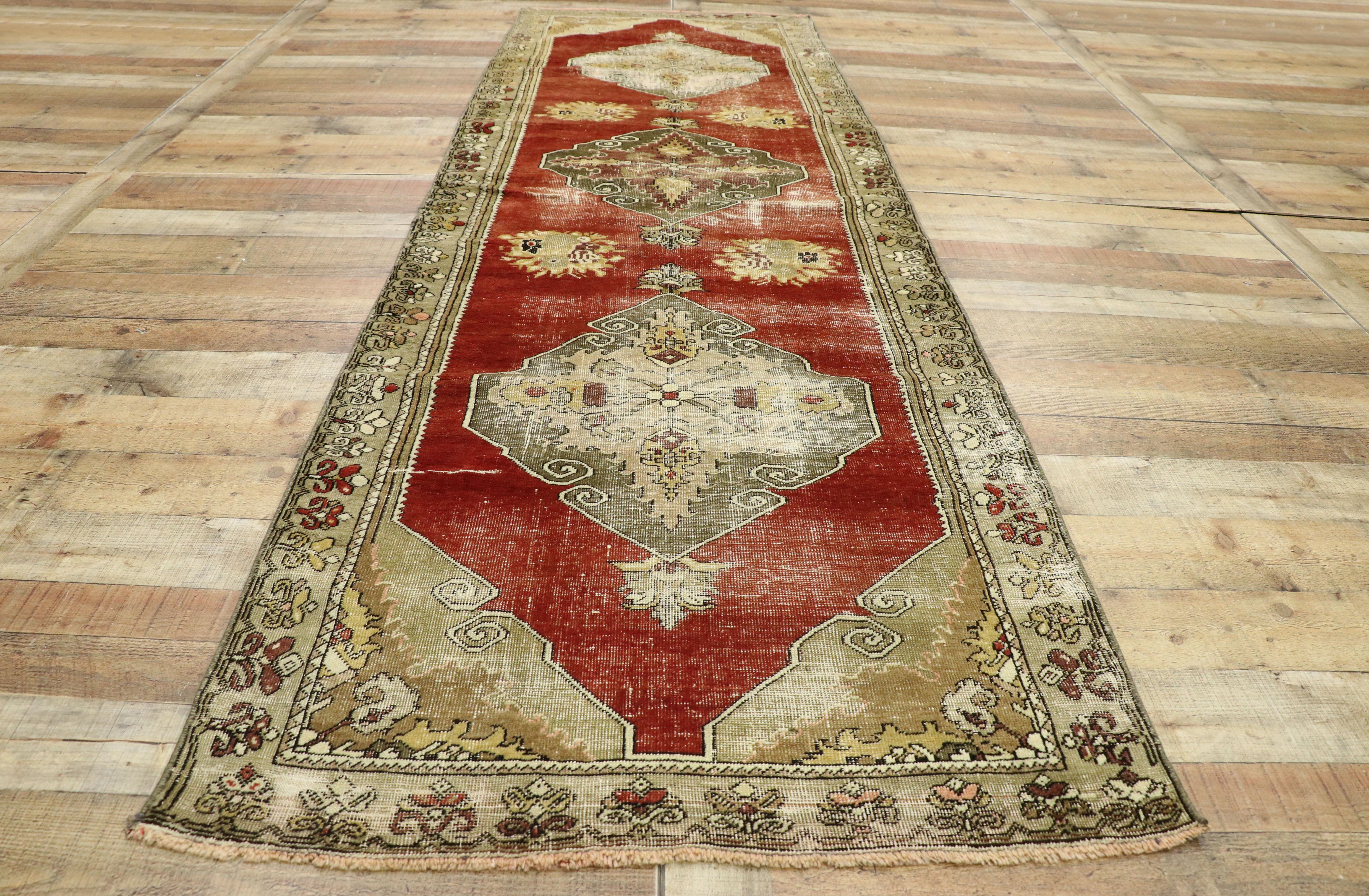 Distressed Vintage Turkish Oushak Runner with Rustic Lodge Style For Sale 1