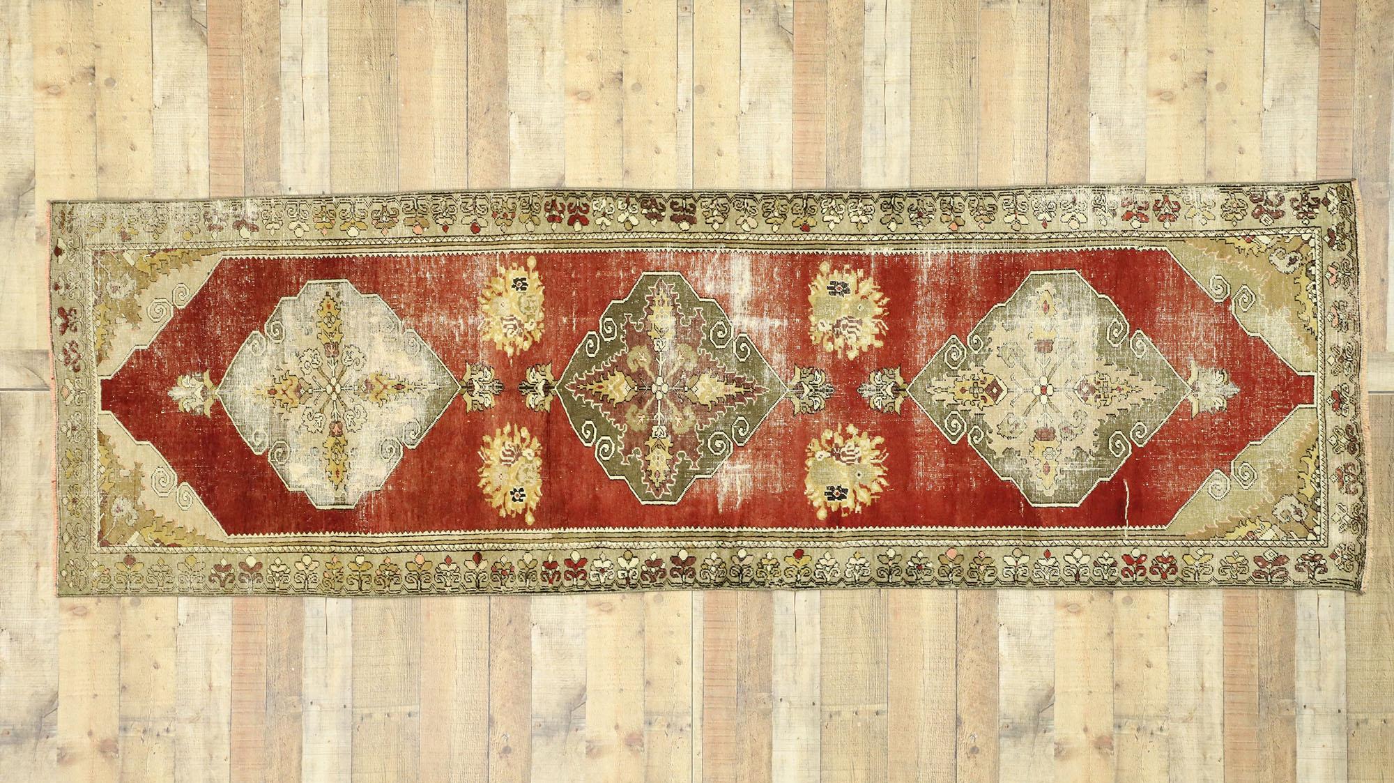 Distressed Vintage Turkish Oushak Runner with Rustic Lodge Style For Sale 2