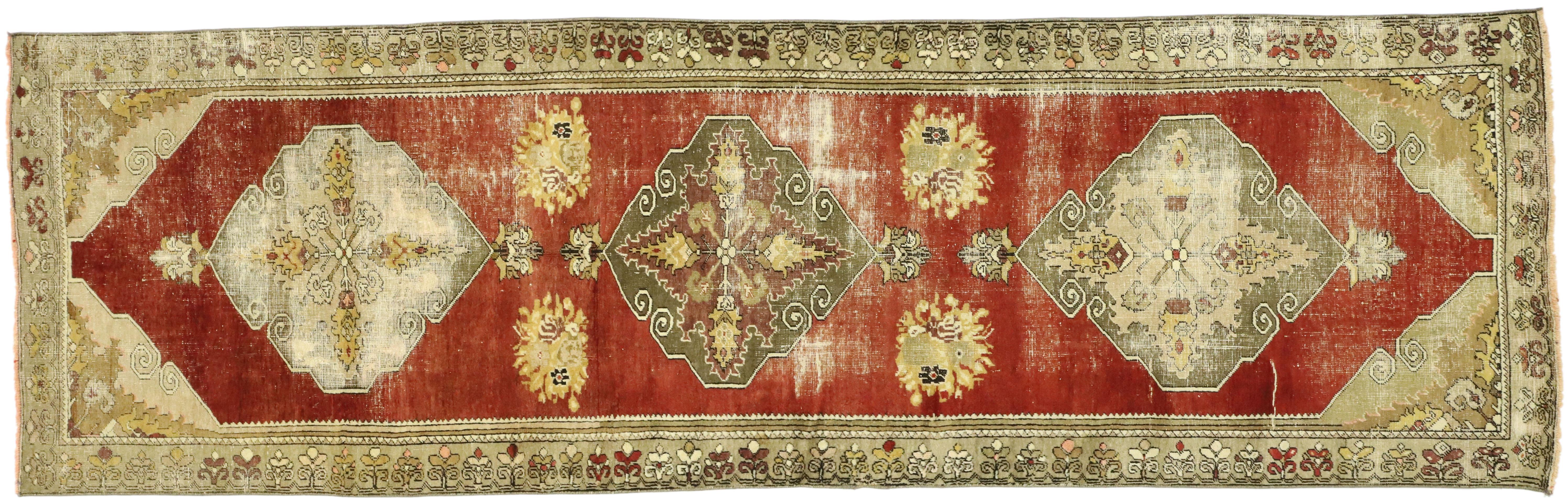 Distressed Vintage Turkish Oushak Runner with Rustic Lodge Style For Sale 3
