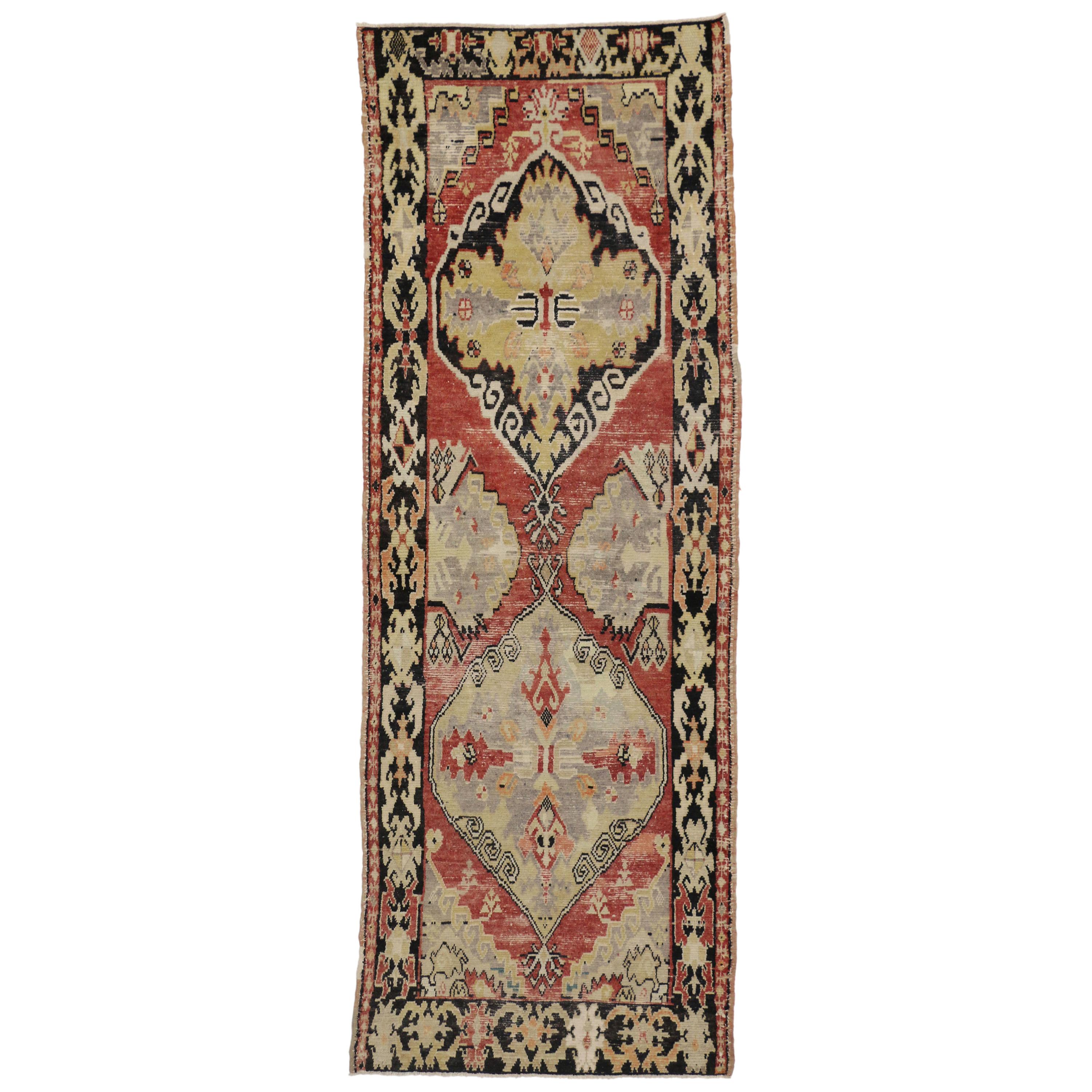 Distressed Vintage Turkish Oushak Runner with Rustic Lodge Style For Sale