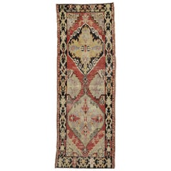 Distressed Used Turkish Oushak Runner with Rustic Lodge Style