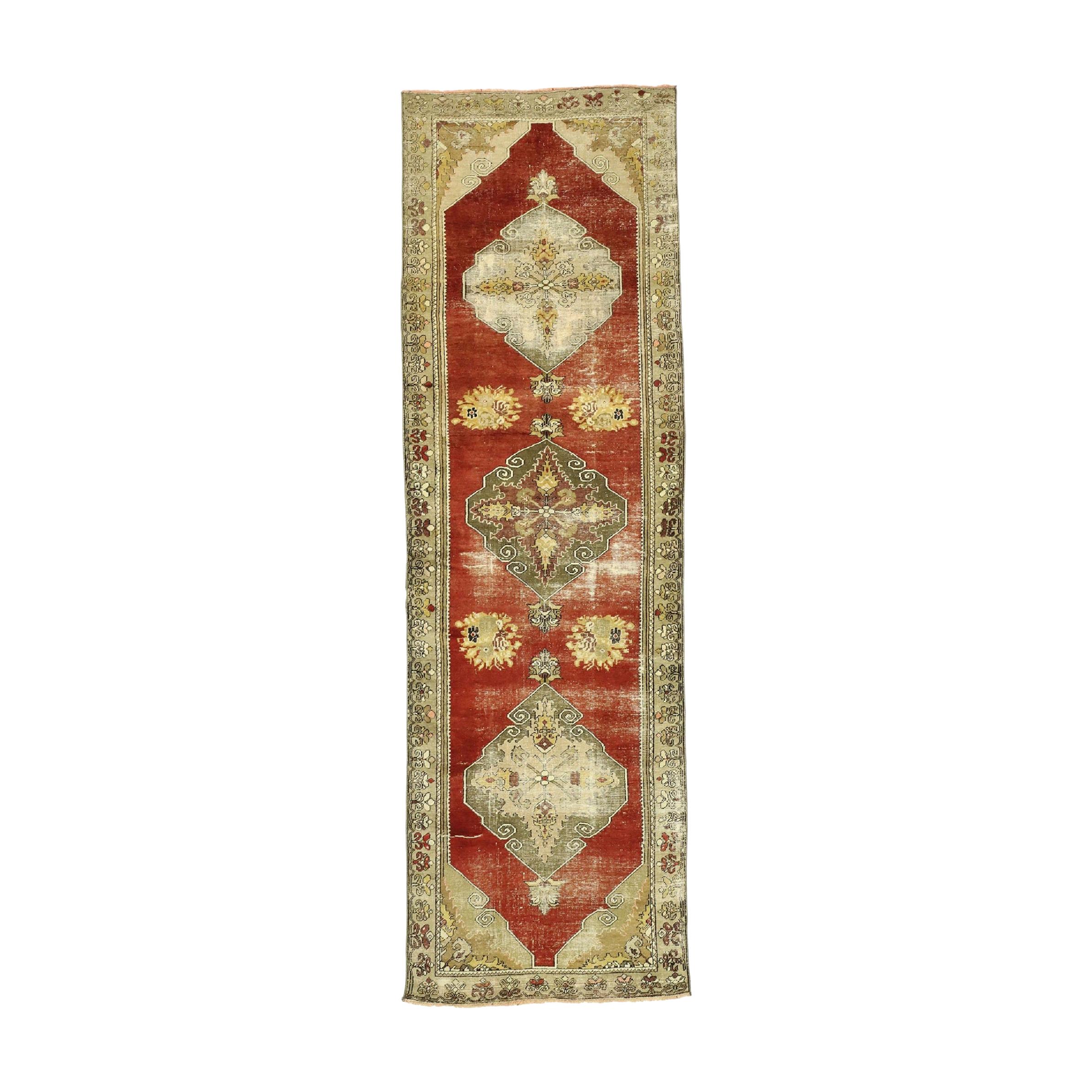 Distressed Vintage Turkish Oushak Runner with Rustic Lodge Style For Sale