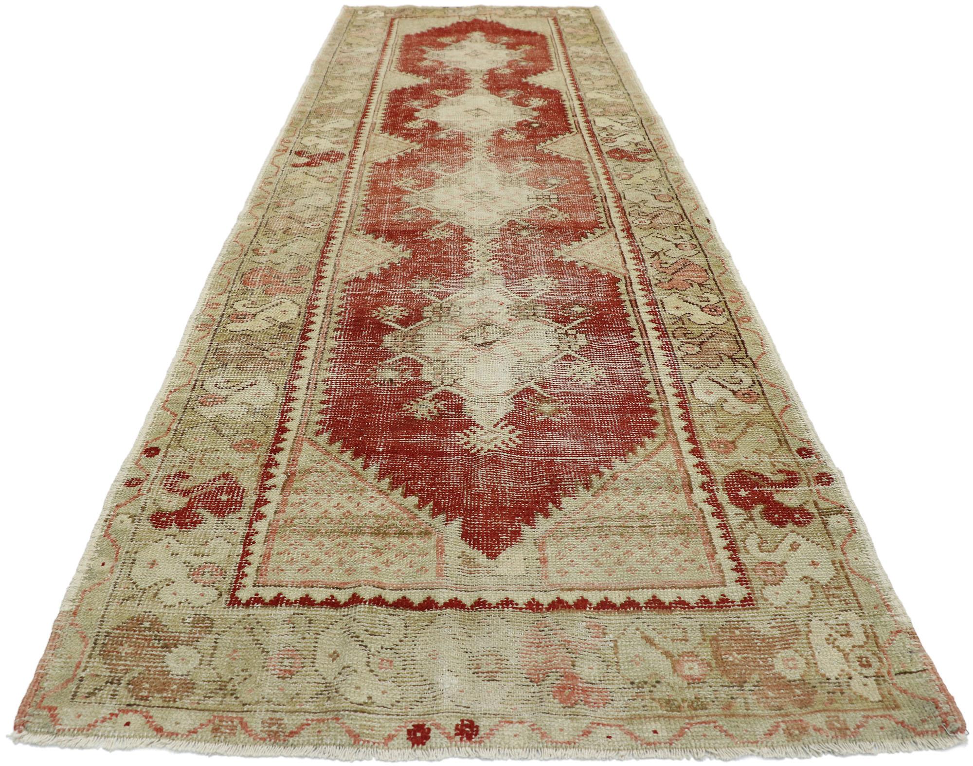 Hand-Knotted Distressed Vintage Turkish Oushak Runner with Rustic Neoclassical Style For Sale