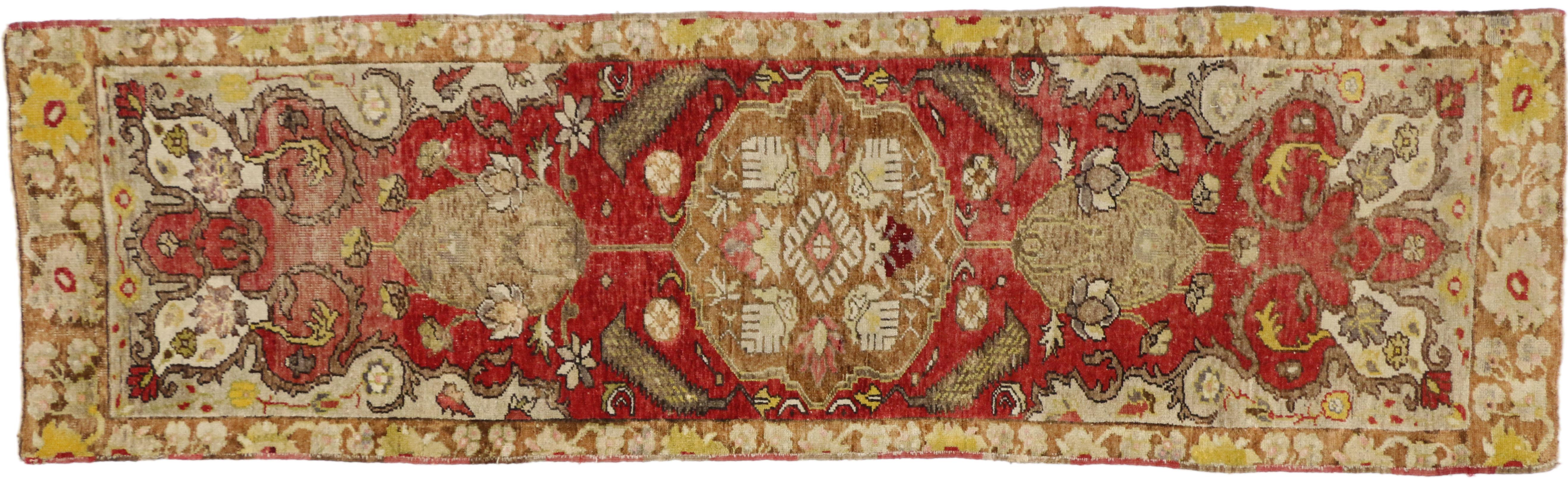Wool Distressed Vintage Turkish Oushak Runner with Rustic Neoclassical Style For Sale