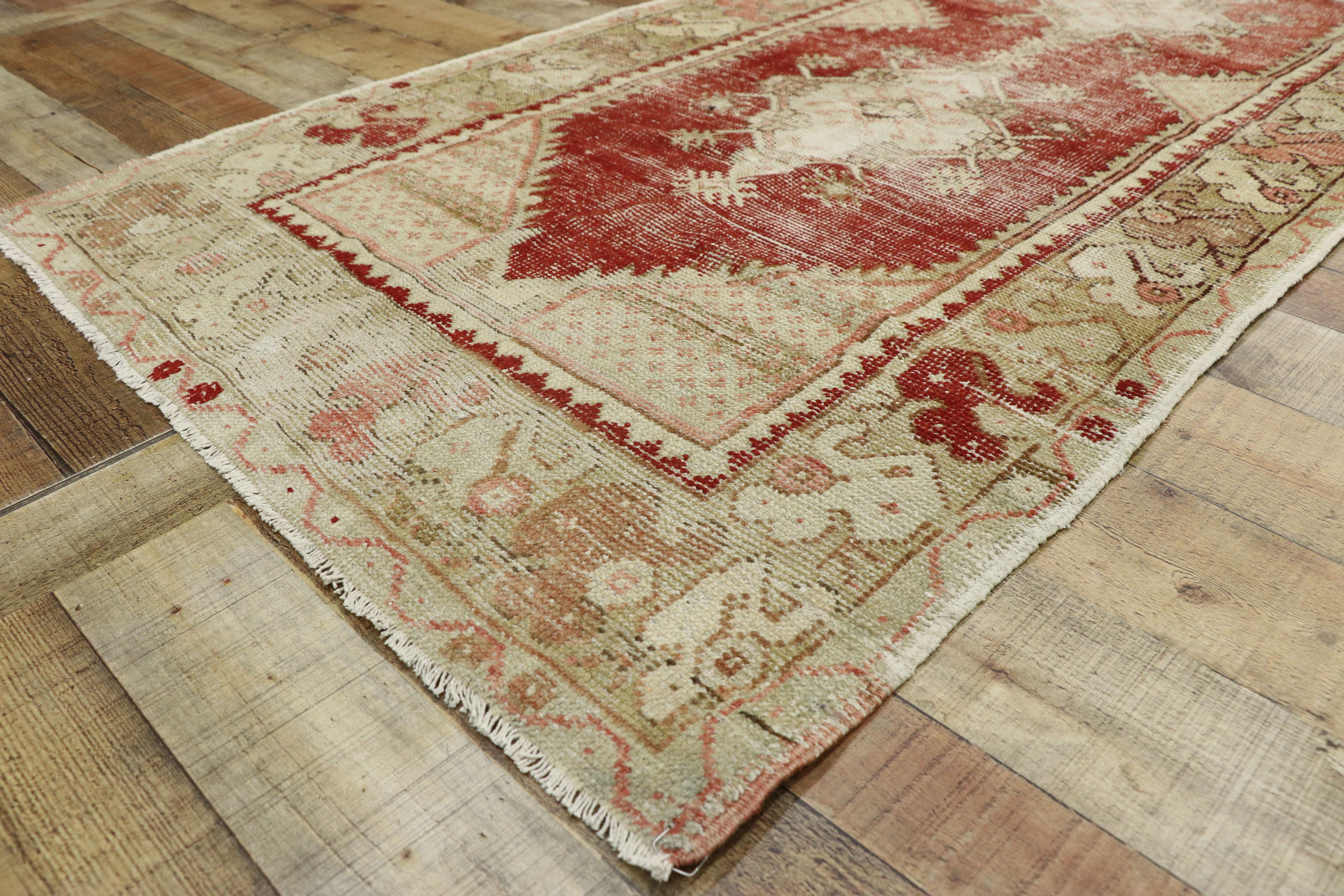 Wool Distressed Vintage Turkish Oushak Runner with Rustic Neoclassical Style For Sale