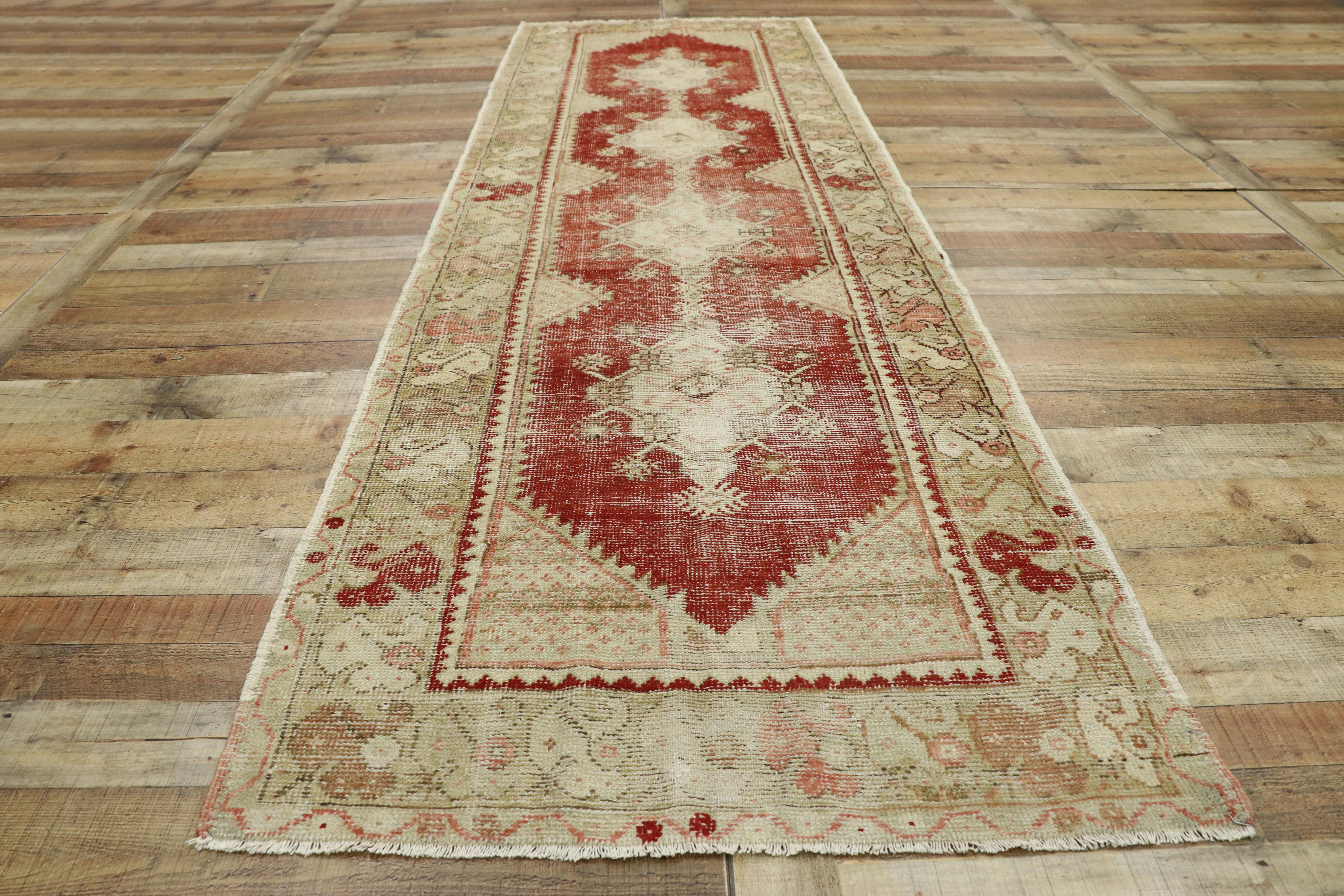 Distressed Vintage Turkish Oushak Runner with Rustic Neoclassical Style For Sale 1