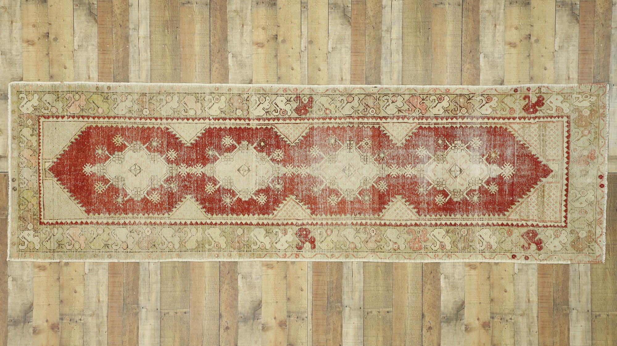 Distressed Vintage Turkish Oushak Runner with Rustic Neoclassical Style For Sale 2